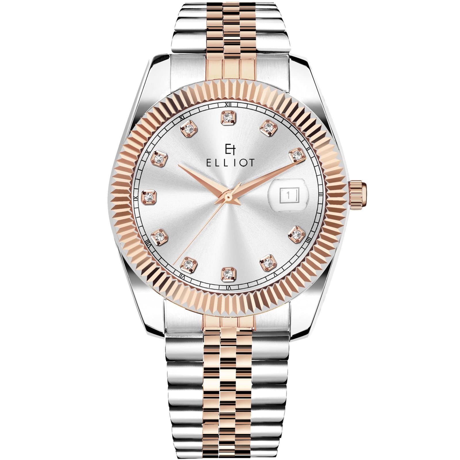 Elliot Majestic Series Silver Dial Rose Gold Strap Men’s Watch | Date Display | Brass Build | 35.5mm Dial Size | Formal & Festive Wear