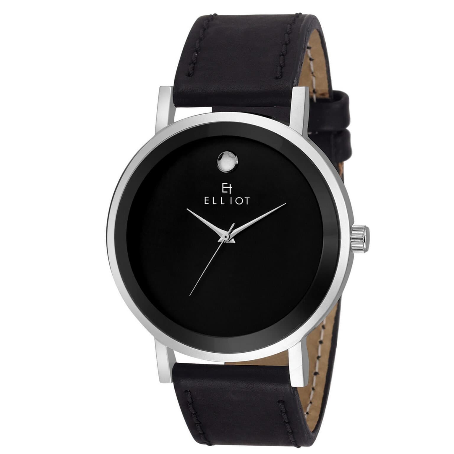 Elliot Men’s Analog Watch – Moon Series Black Dial with Glossy 12 o’clock Stud, Black Patent Leather Strap, Silver Alloy Case, Japanese Quartz, 12-Month Warranty