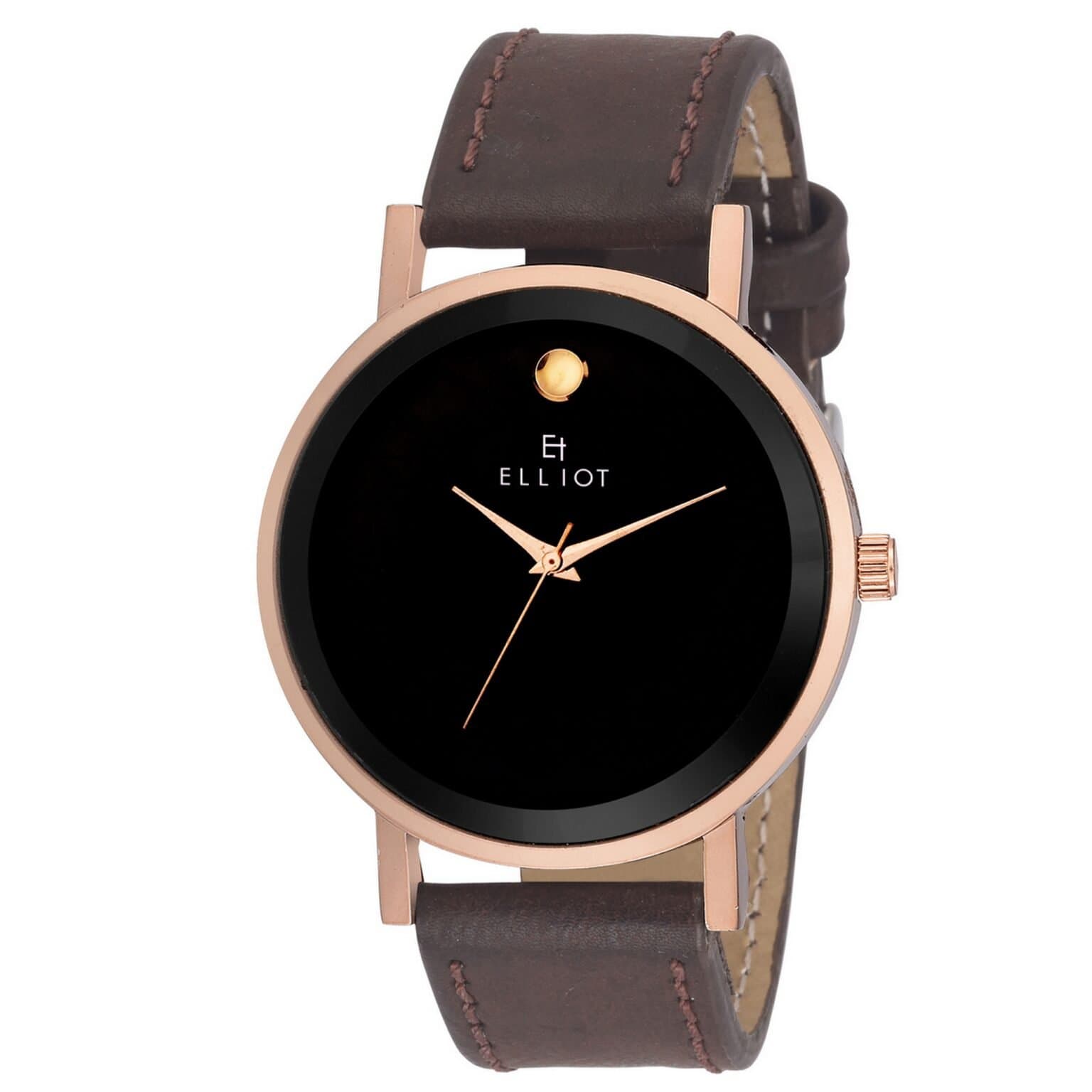 Elliot Black Dial Analog Watch for Men – Moon Series, Brown Case, Brown Leather Strap, Glossy 12 o’clock Accent, Japanese Quartz Movement, Elegant Daily Wear