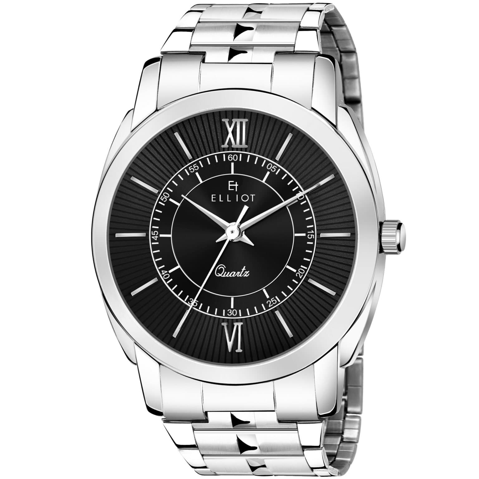 Elliot Polo XIII Series Men’s Analog Watch | Black Textured Dial & Silver Stainless Steel Bracelet | Japanese Quartz | 44mm Alloy Case | Formal & Business Casual Use