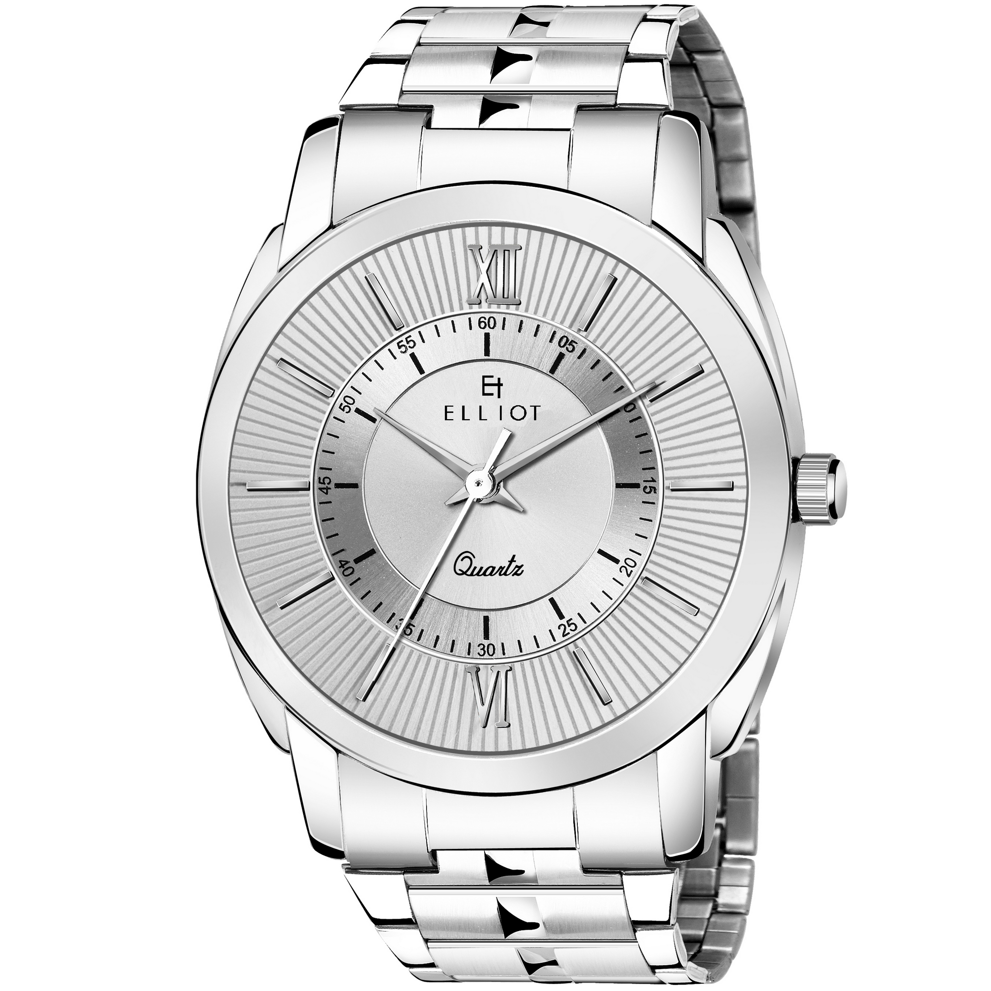 Elliot Polo XIII Silver Dial Analog Wrist Watch for Men | Smooth & Textured Brass Dial | Metal Chain Strap | Japanese Quartz | 44mm Formal Wear Watch