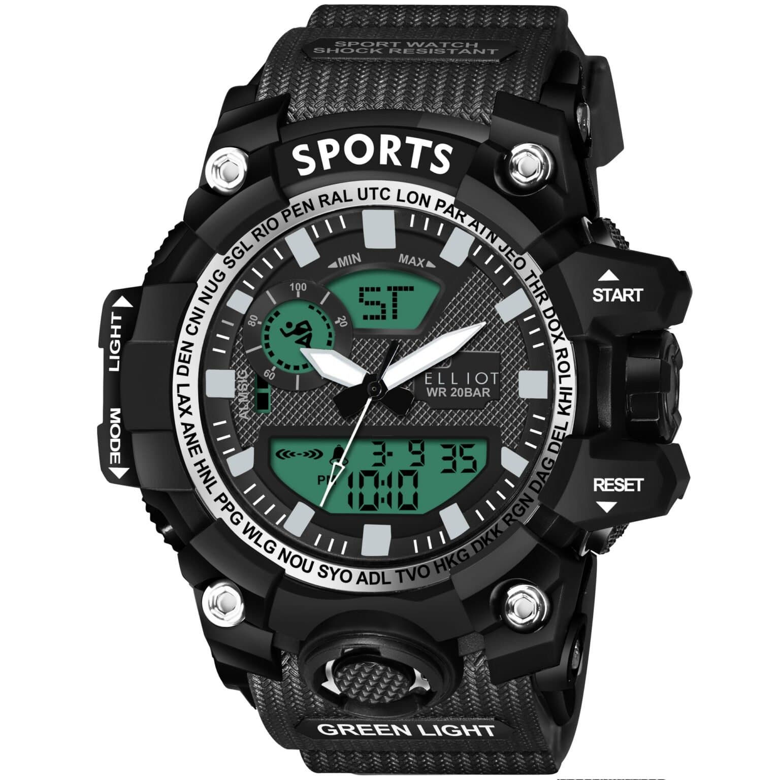 Elliot VI Series Black Analog Digital Watch for Men | Dual Time Display | Black Silicone Strap | Sports Watch with Alarm, Backlight, Day-Date | 20m Water Resistance | 56mm Case