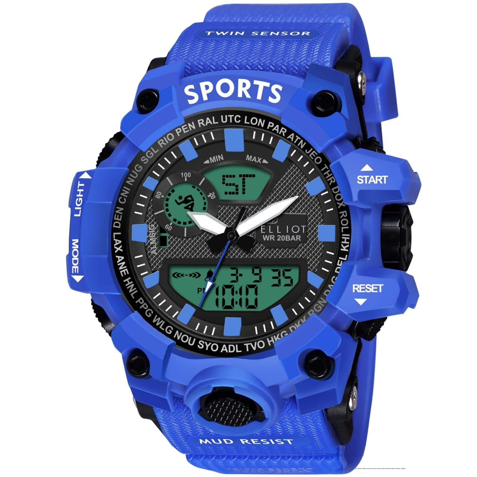 Elliot Sports VI Series Wrist Watch for Men | Black Dial | Blue Silicone Strap | Dual Display Analog-Digital | Stopwatch, Alarm, Japanese Quartz | Water Resistant | 56mm