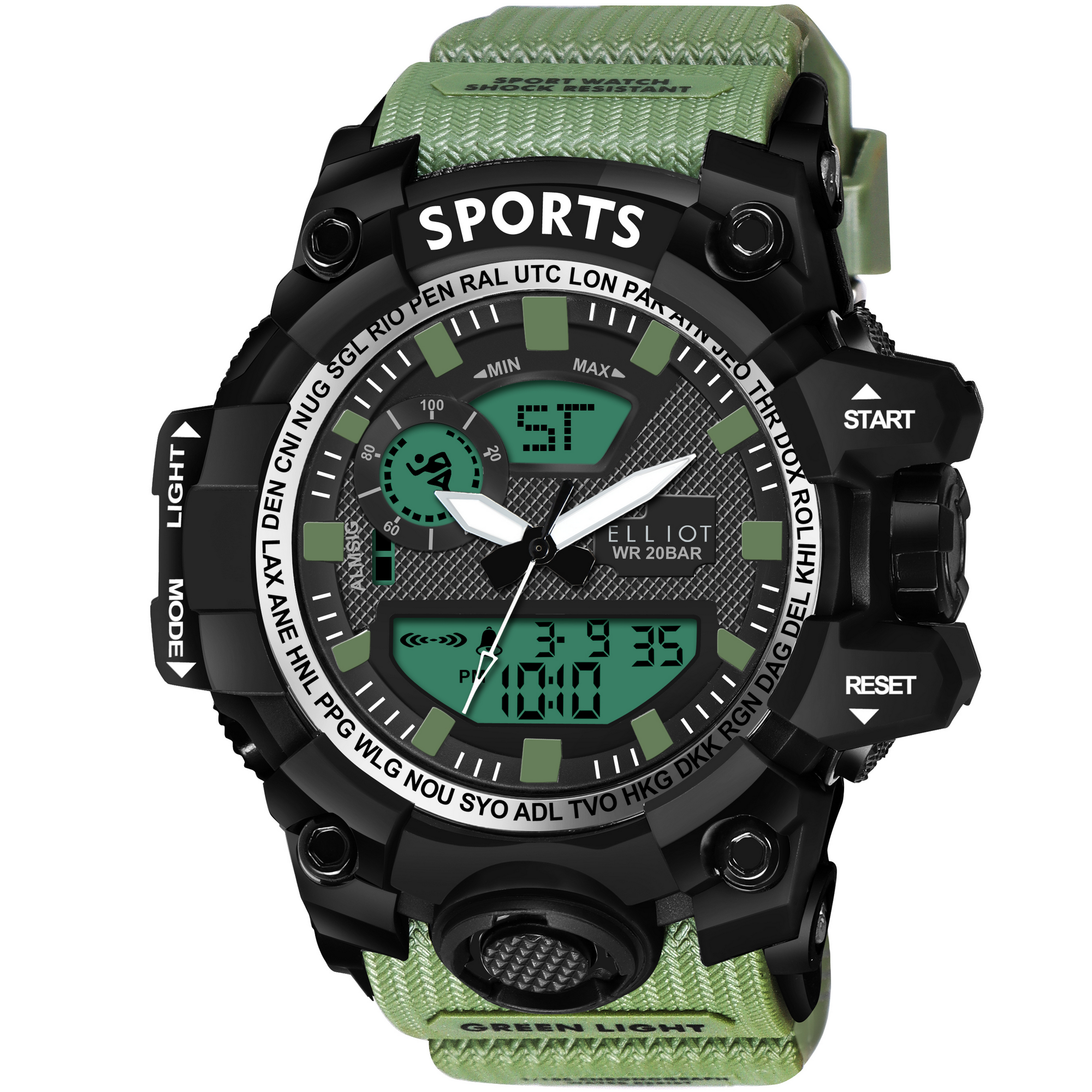 Elliot Sports VI Series Men’s Watch | Black Dual Display Dial | Army Green Silicone Strap | Tactical Look | Water Resistant, Alarm, Stopwatch | Japanese Quartz