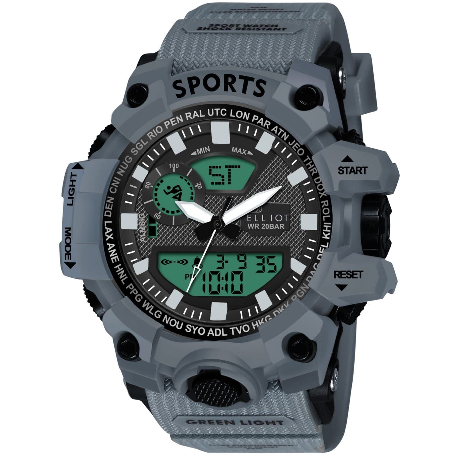 Elliot Sports VI Series Men’s Analog Digital Watch | Black Dial | Grey Silicone Case & Strap | Built for Sports & Outdoors | Alarm, Day-Date, Backlight | 56mm Case Size
