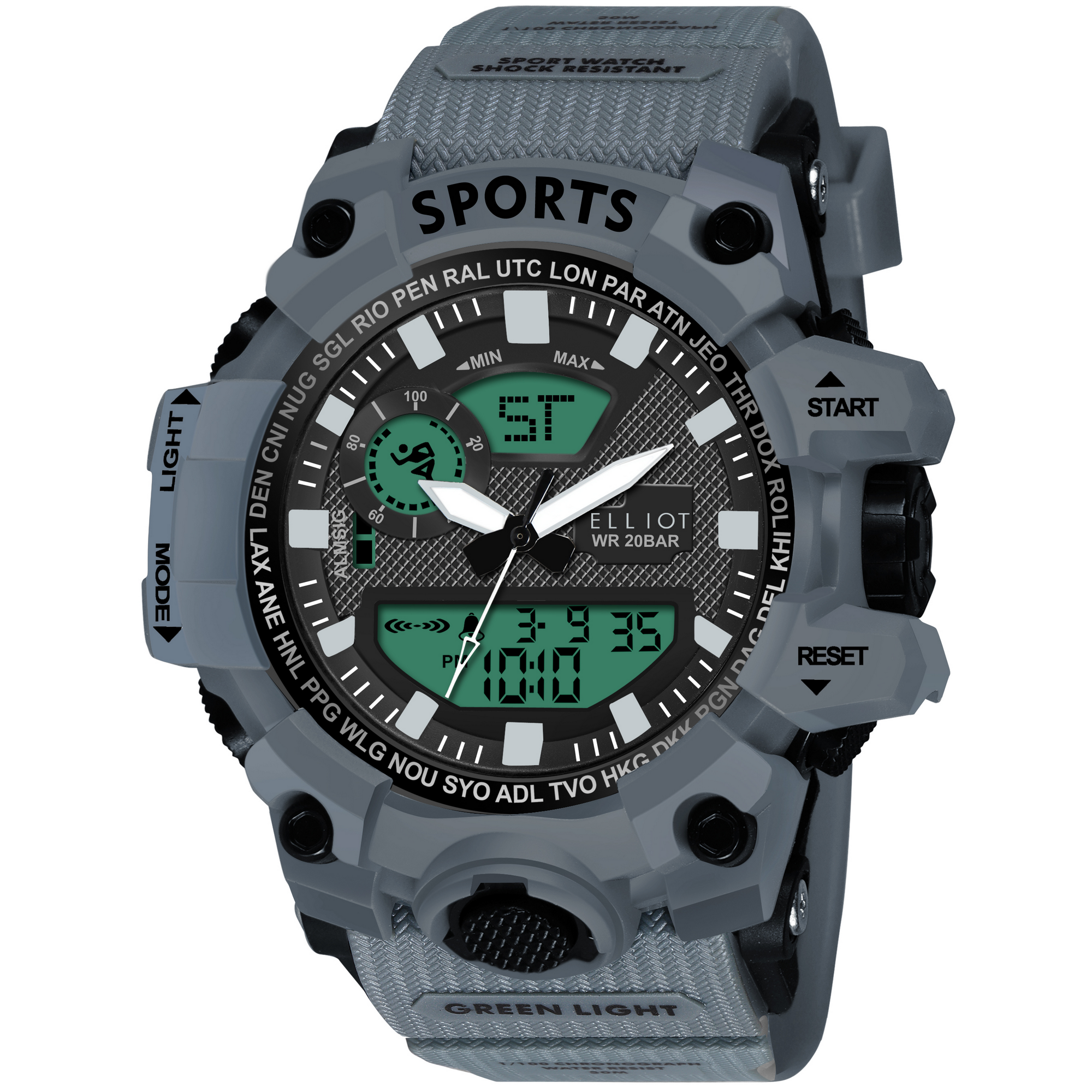 Elliot Sports VI Series Men’s Analog Digital Watch | Black Dial | Grey Silicone Case & Strap | Built for Sports & Outdoors | Alarm, Day-Date, Backlight | 56mm Case Size