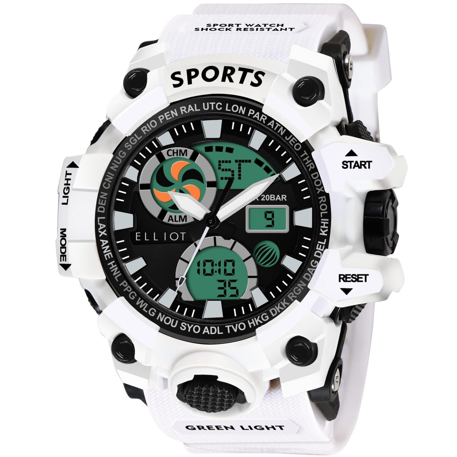 Elliot VII Series Men’s Dual Display Watch | Black Dial with White Silicone Strap | Sports Use | Shockproof, Stopwatch, Alarm, 12/24 Hour | 30M Water Resistant | 56mm