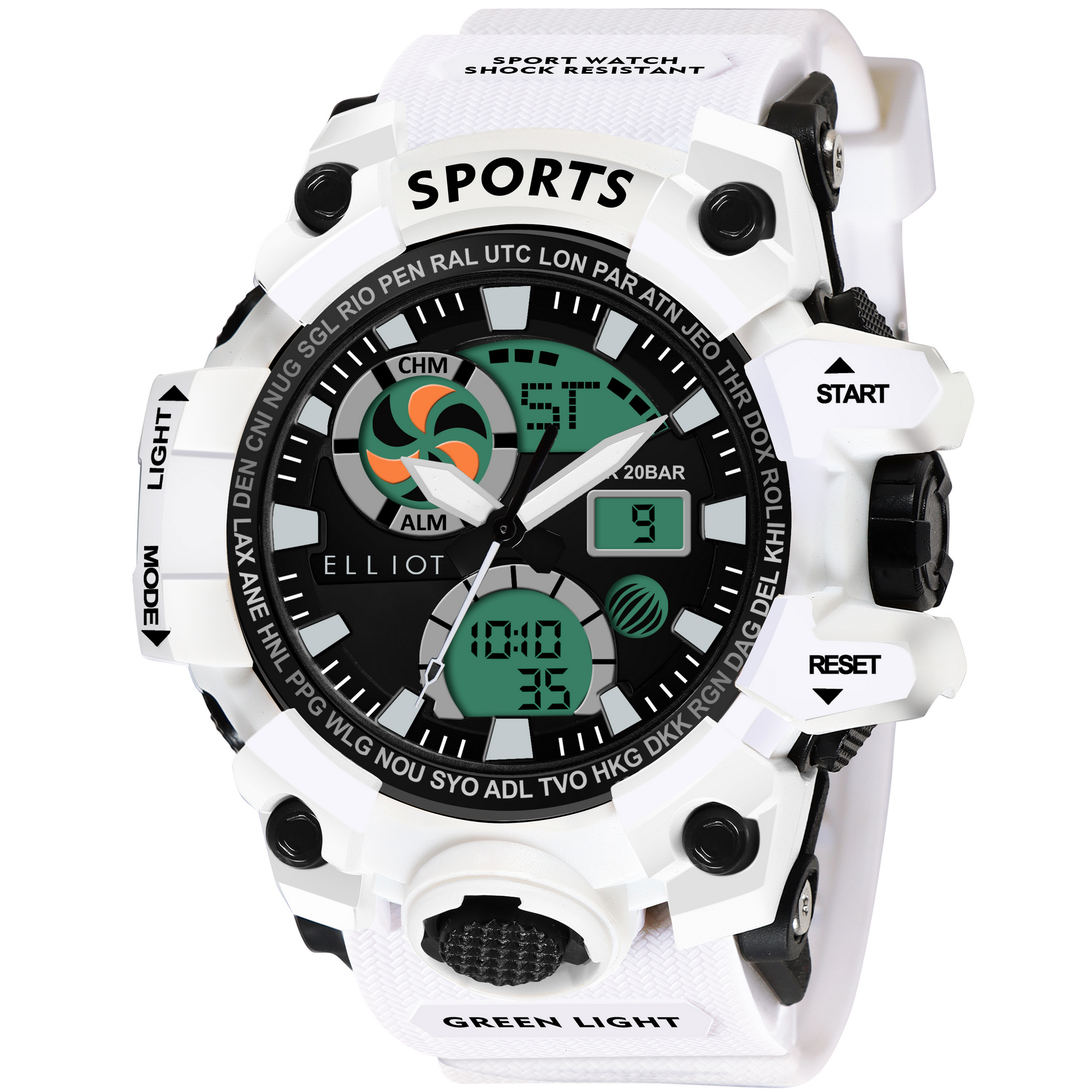 Elliot VII Series Men’s Dual Display Watch | Black Dial with White Silicone Strap | Sports Use | Shockproof, Stopwatch, Alarm, 12/24 Hour | 30M Water Resistant | 56mm