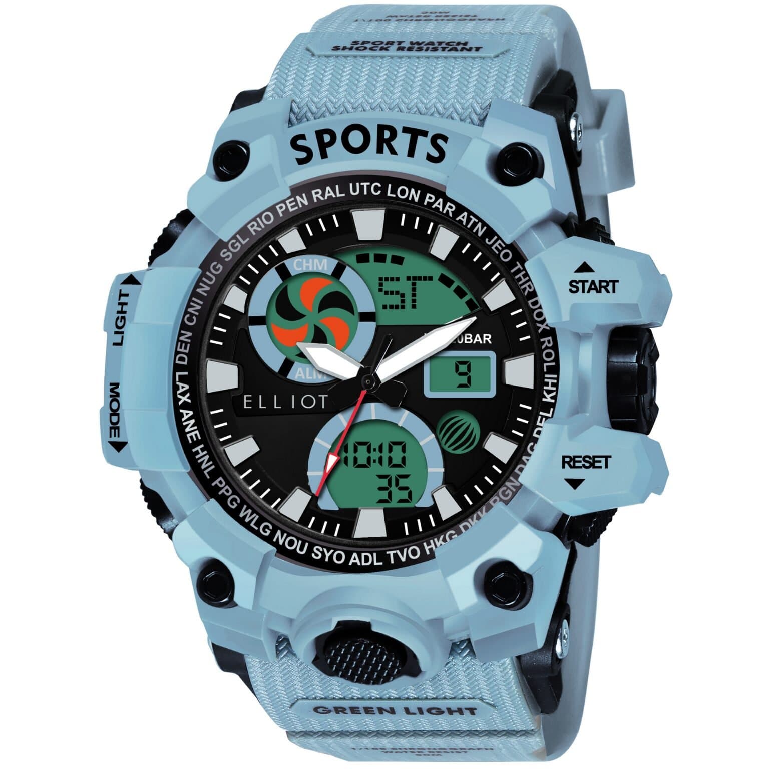 Elliot VII Series Men’s Analog Digital Sports Watch | Sky Blue Silicone Strap, Black Dial | Dual Display, Alarm, 12/24 Hour Format, Backlight | 30M Water Resistant | 56mm