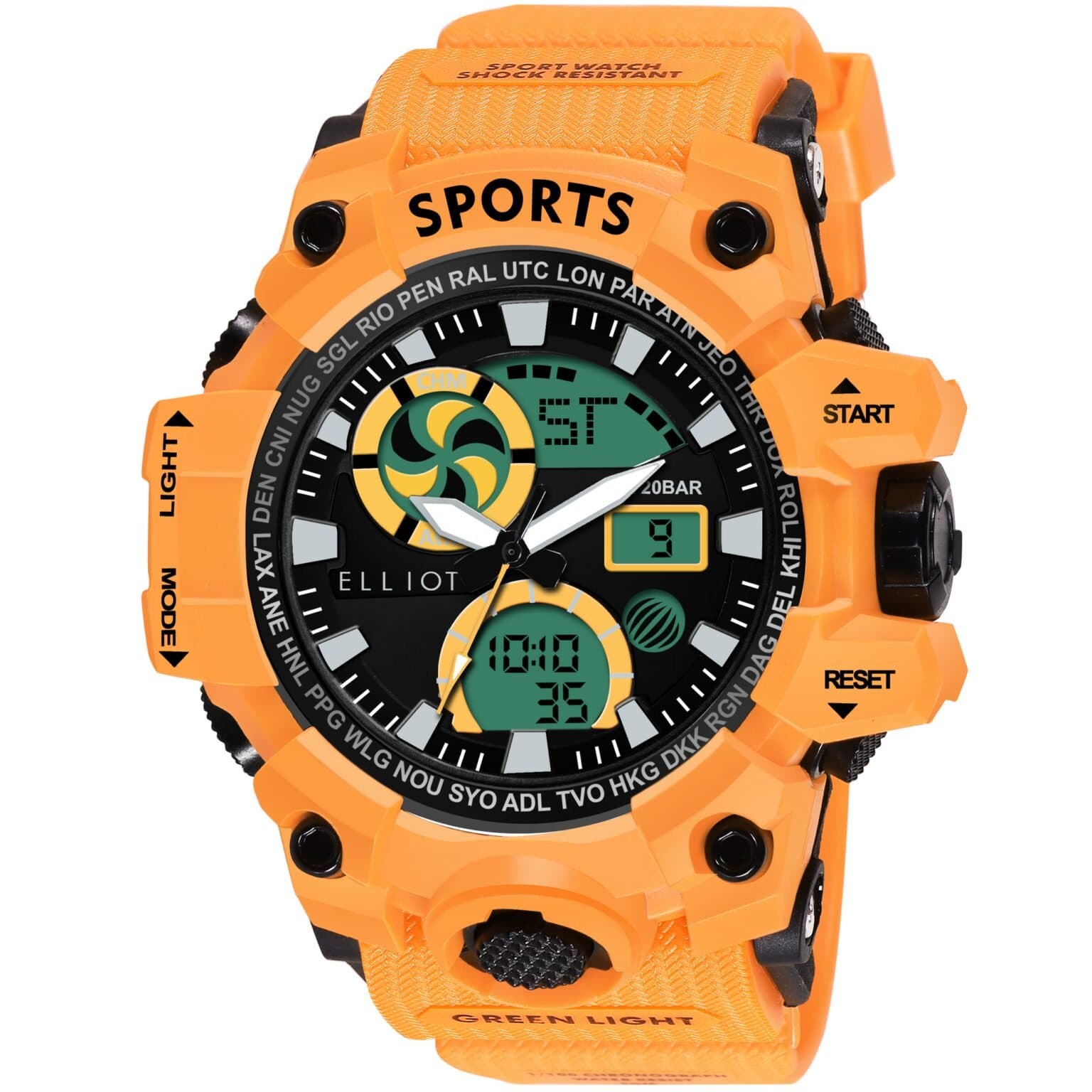 Elliot VII Series Men’s Analog Digital Watch | Orange Silicone Strap, Black Dial | Rugged Sports Use | Stopwatch, Shockproof, Alarm | Japanese Quartz | 30M Water Resistance