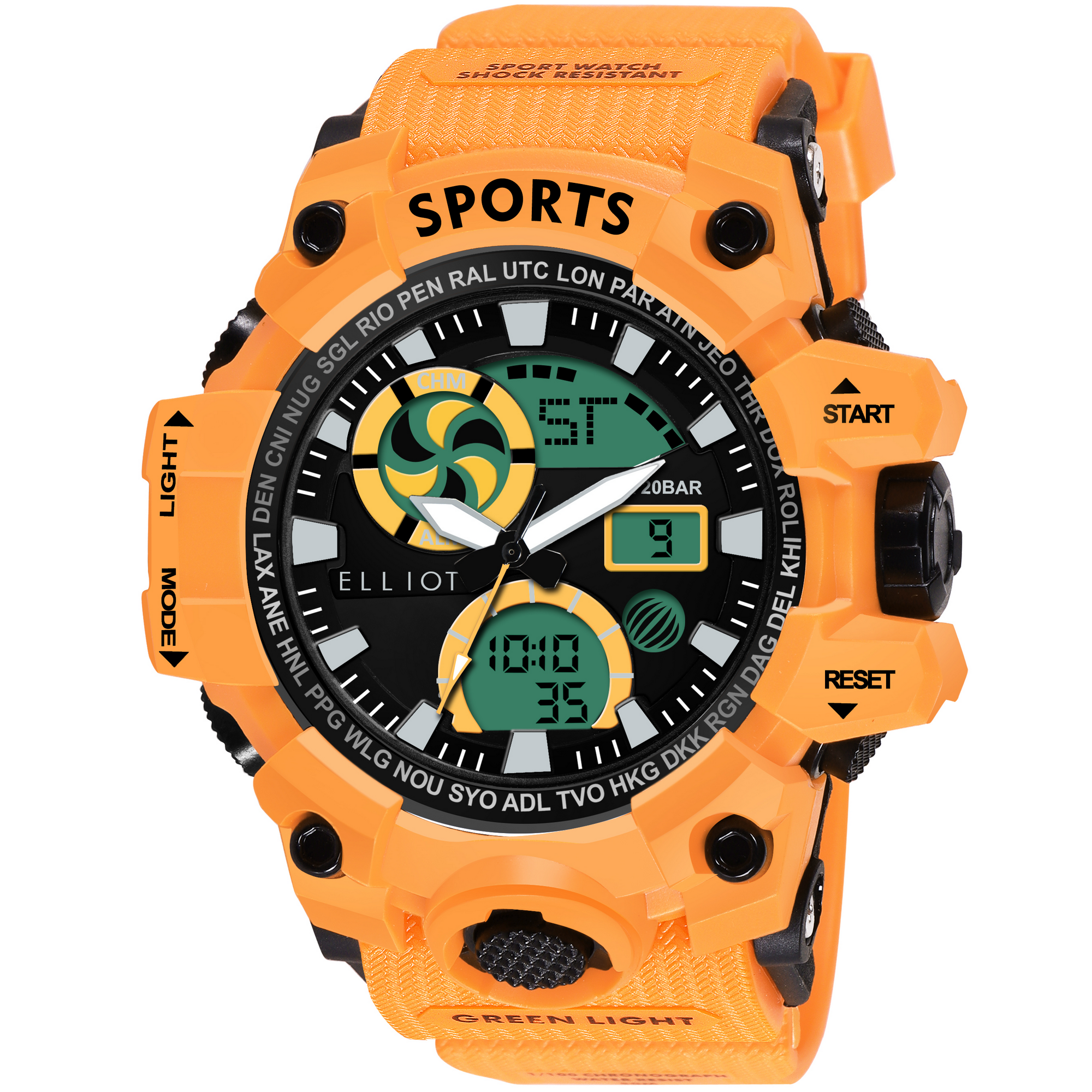 Elliot VII Series Men’s Analog Digital Watch | Orange Silicone Strap, Black Dial | Rugged Sports Use | Stopwatch, Shockproof, Alarm | Japanese Quartz | 30M Water Resistance