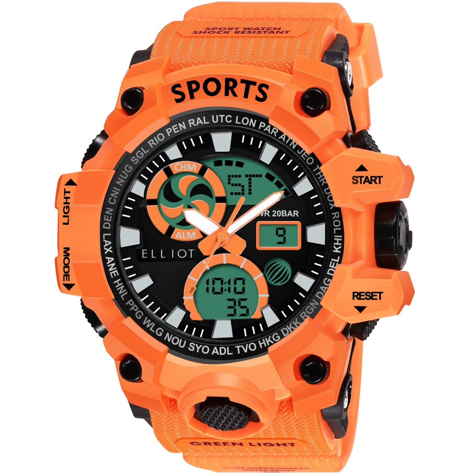 Elliot VII Series Men’s Analog Digital Watch | Black Dial with Bright Orange Silicone Strap | Sporty Look | Stopwatch, Alarm, Day-Date, Backlight | Shockproof | 30M WR