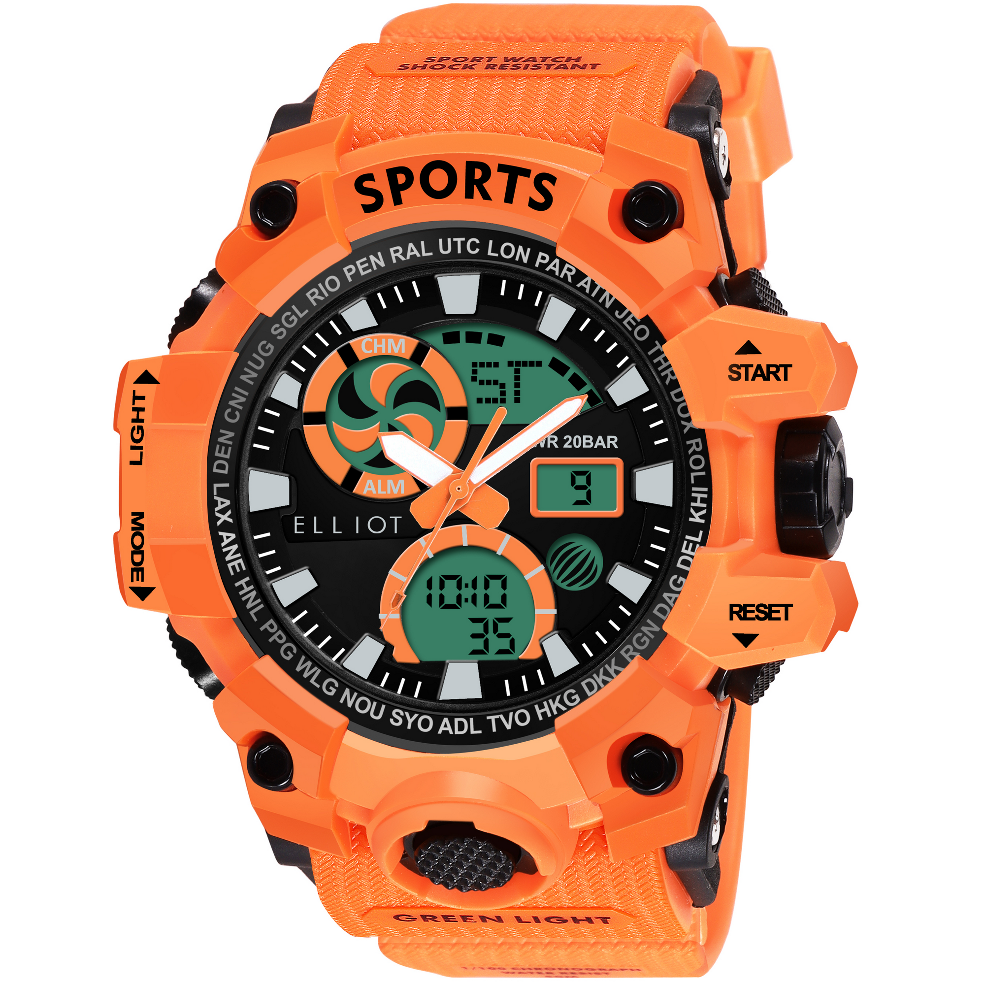 Elliot VII Series Men’s Analog Digital Watch | Black Dial with Bright Orange Silicone Strap | Sporty Look | Stopwatch, Alarm, Day-Date, Backlight | Shockproof | 30M WR