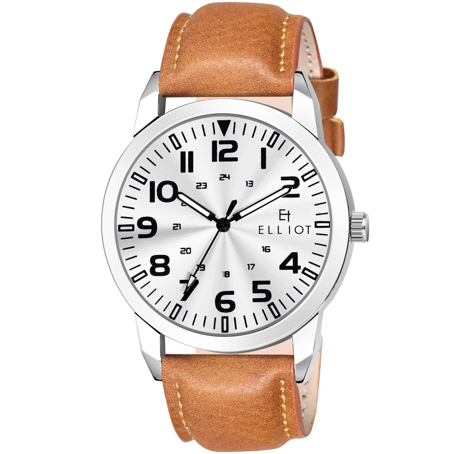 Elliot Urban Series Silver Dial Analog Wrist Watch for Men | Tan Patent Leather Strap | Sleek Silver Alloy Case | Quartz Accuracy | Elegant Formal Timepiece | 12-Month Warranty