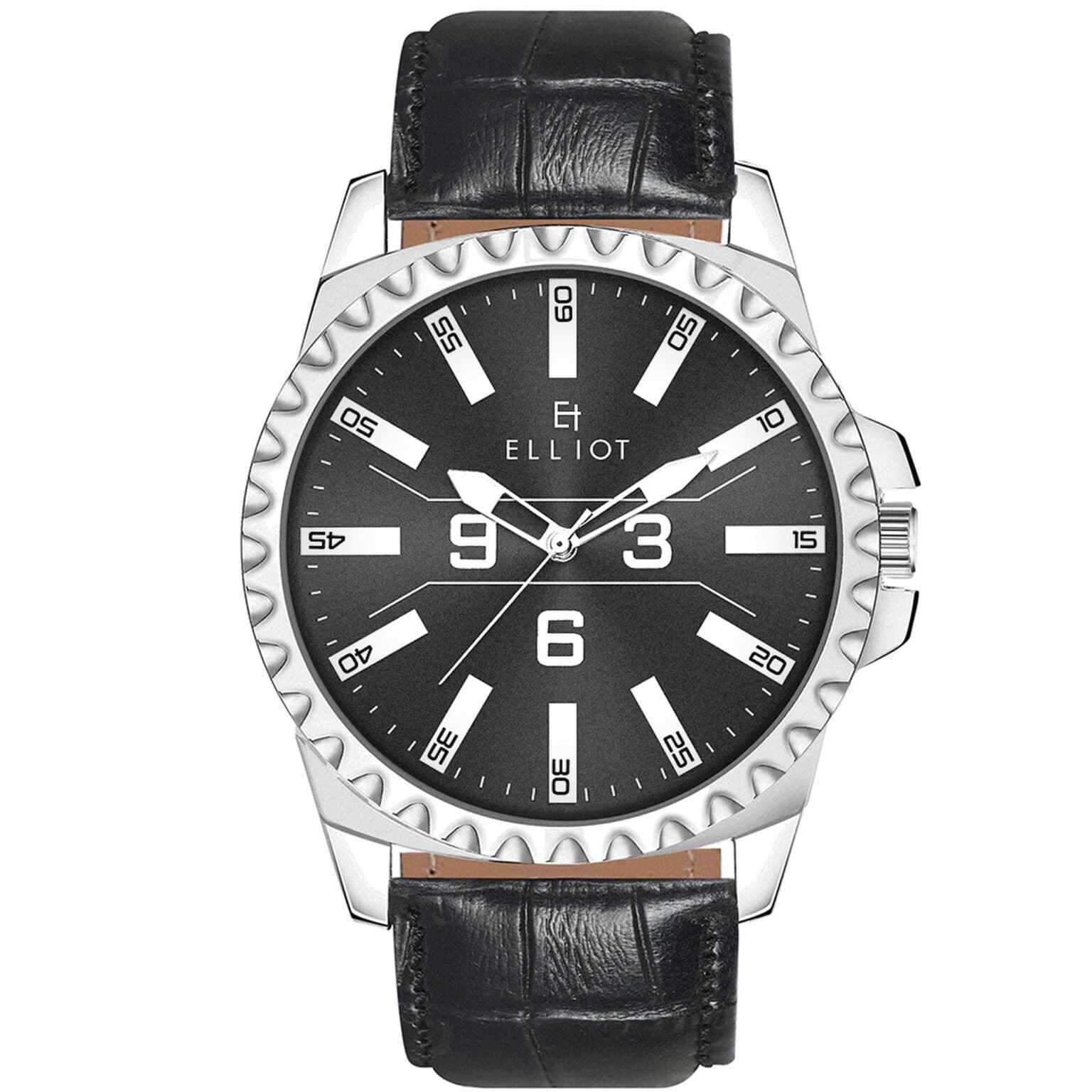 Elliot Urban III Series Black Dial Wrist Watch for Men with Silver Buckle Faux Leather Strap | Stylish Daily Wear Analog Watch