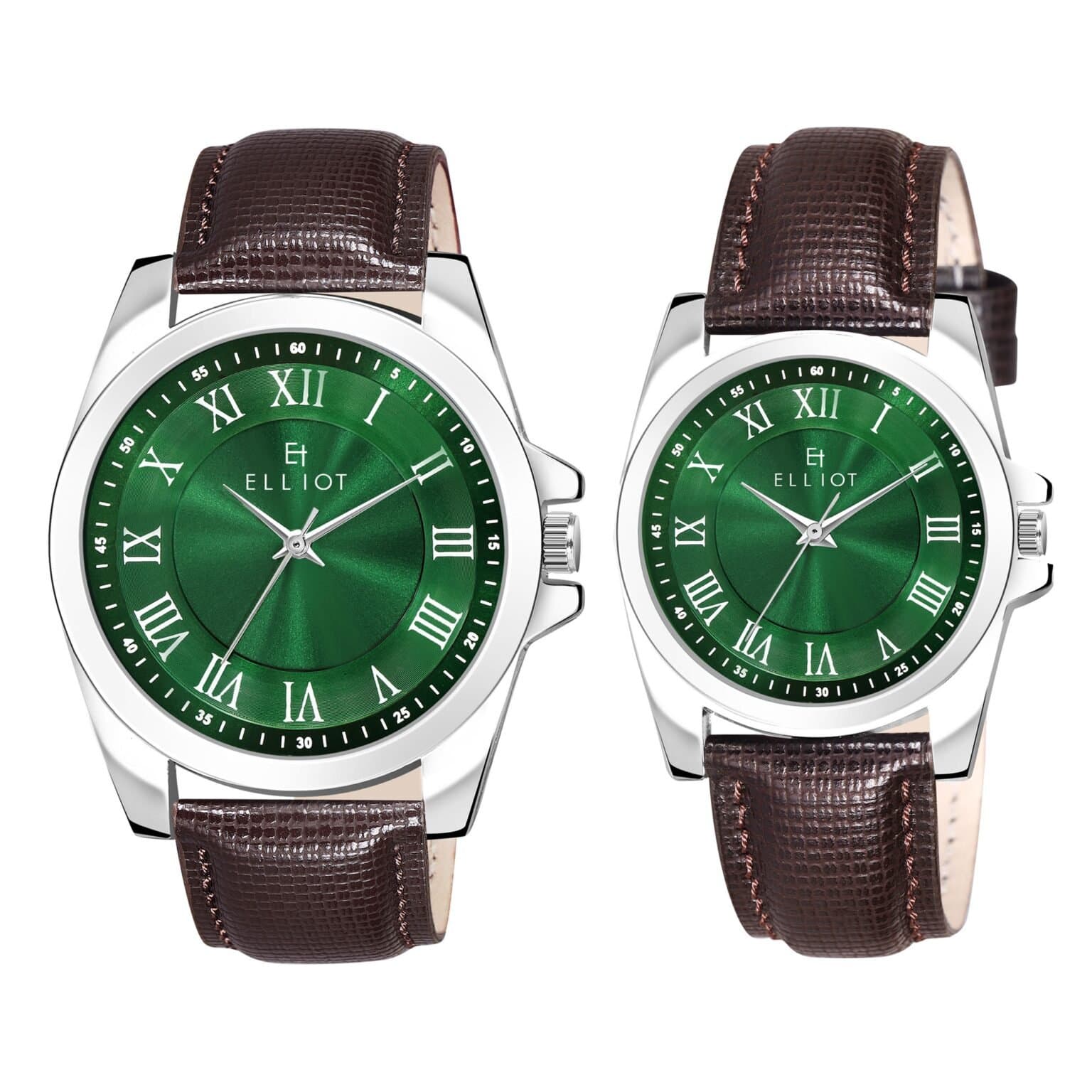 Elliot Opus V Series Men’s Analog Watch | Green Brass Dial with Brown Patent Leather Strap | Silver Alloy Case | Japanese Quartz | 50mm Watch Face