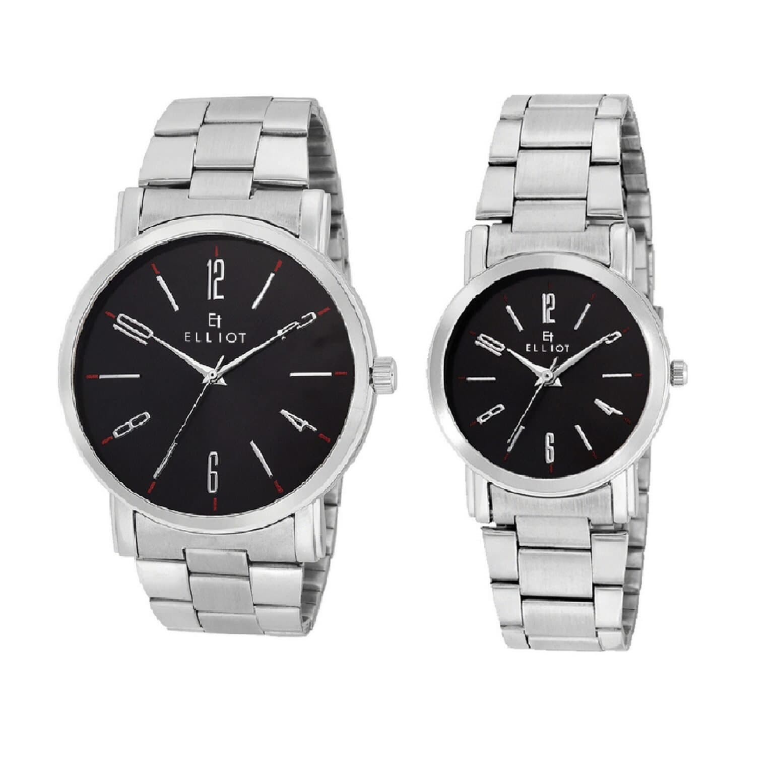 Elliot Couple Watch Set | STV Series | Black Dial with Silver Chain Strap | Premium Analog Timepiece | Matching Pair | 1-Year Warranty Included