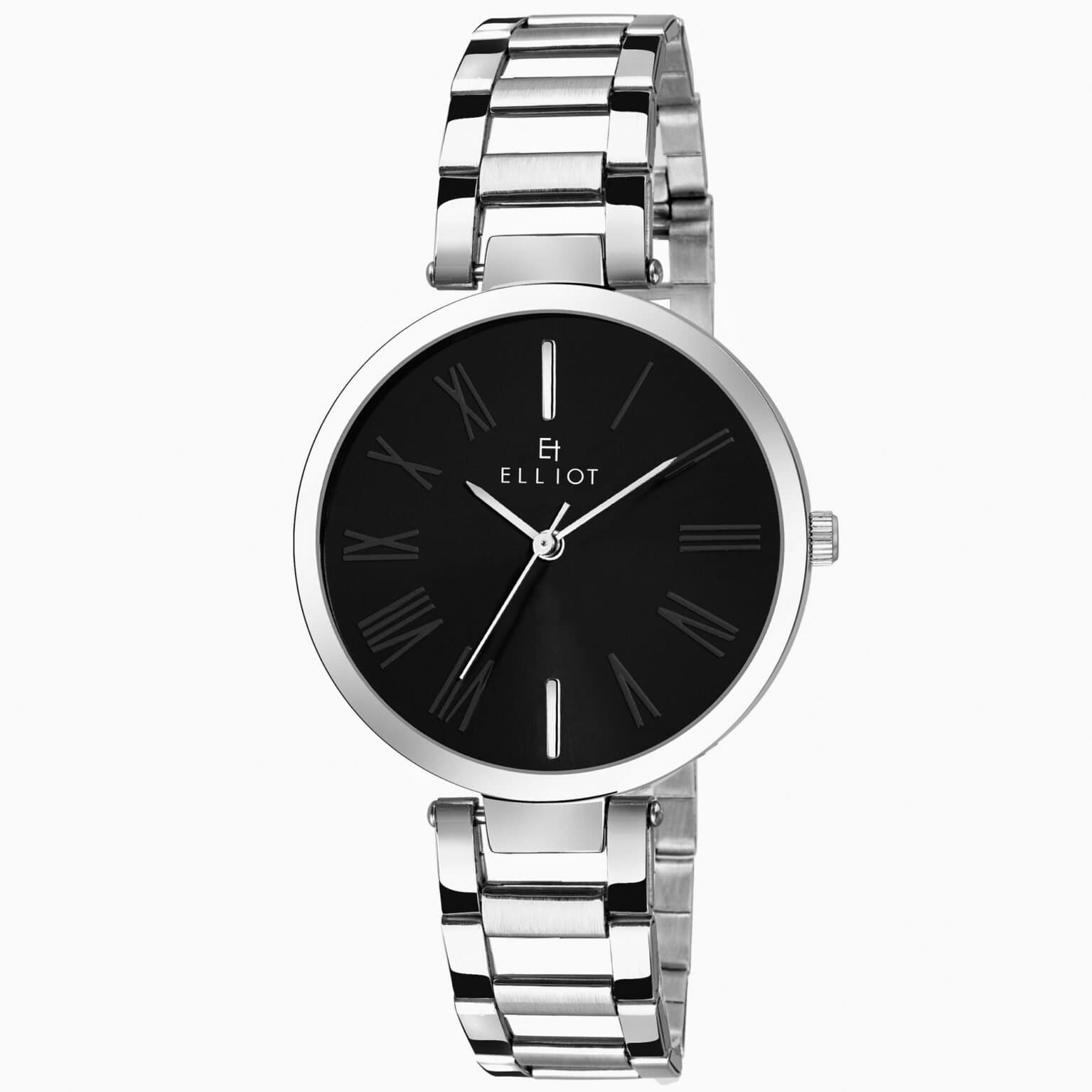 Elliot Women’s Alice II Analog Watch | Black Dial with Roman Numbers | Silver Case & Strap | Stylish Chain Watch for Office & Events