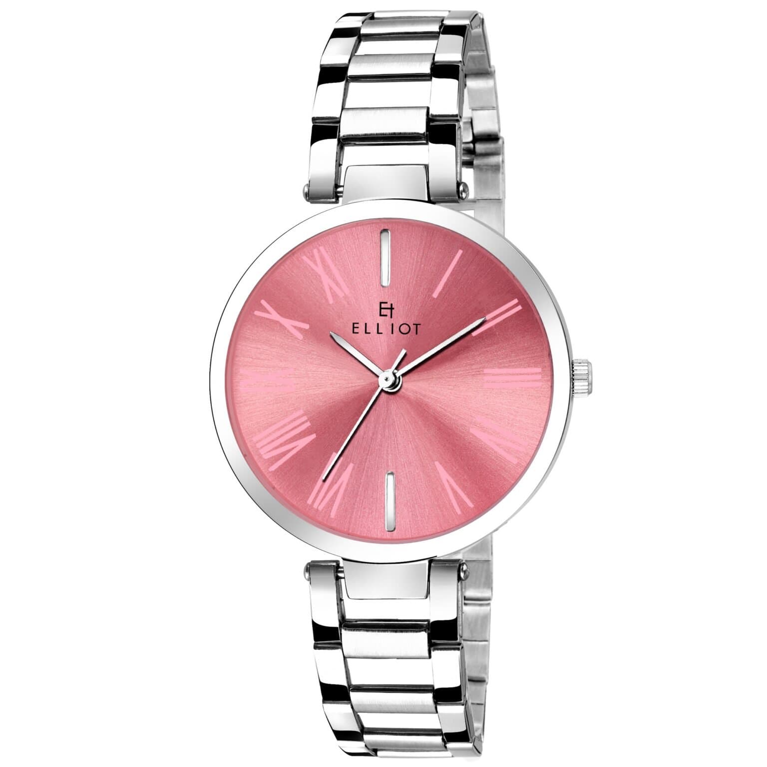 Elliot Women’s Alice II Analog Watch | Pink Dial with Roman Numbers | Silver Case & Strap | Stylish Chain Watch for Office & Events