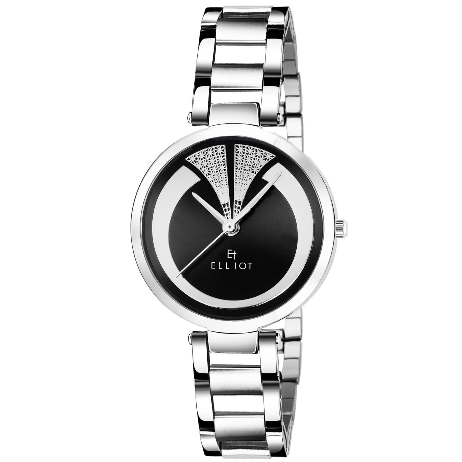 Elliot Alice VIII Series Black Dial Women’s Watch | Silver Chain Strap | Analog Display | Stylish Metallic Timepiece | 12 Months Warranty