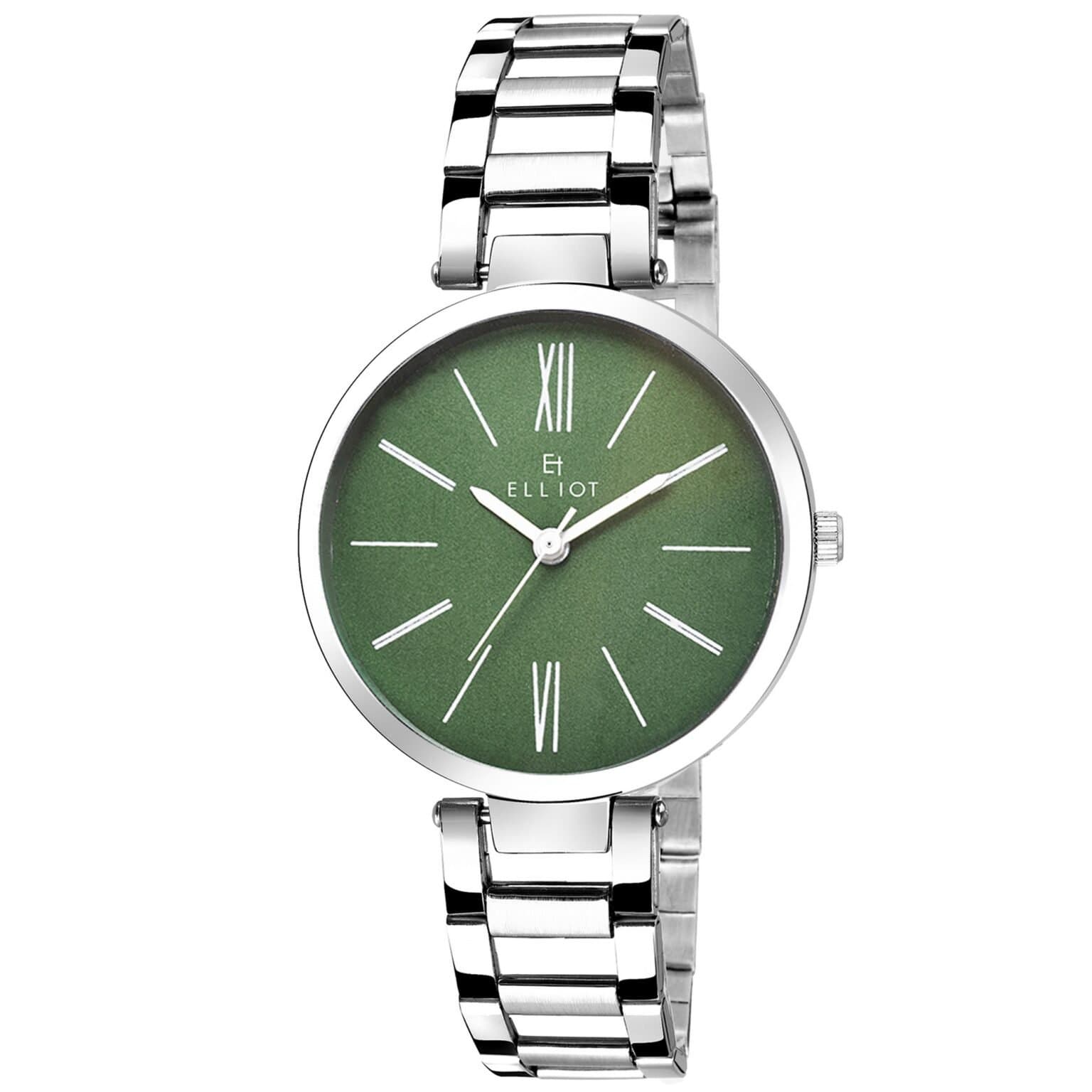 Elliot Women’s Alice X Analog Watch | Green Dial with Roman Numbers | Silver Case & Strap | Stylish Chain Watch for Office & Events