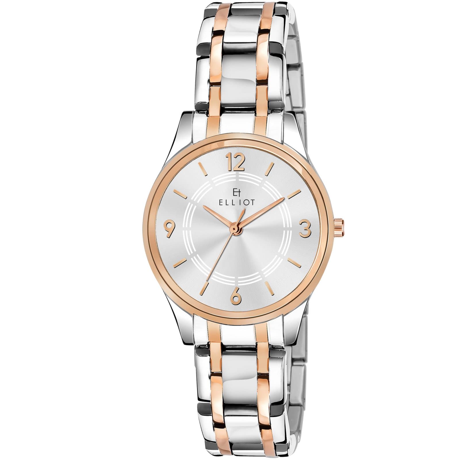 Elliot Stylish Women’s Watch Silver Dial Rose Gold Accent Strap – Durable Metal – Quartz Powered – Standard Fit