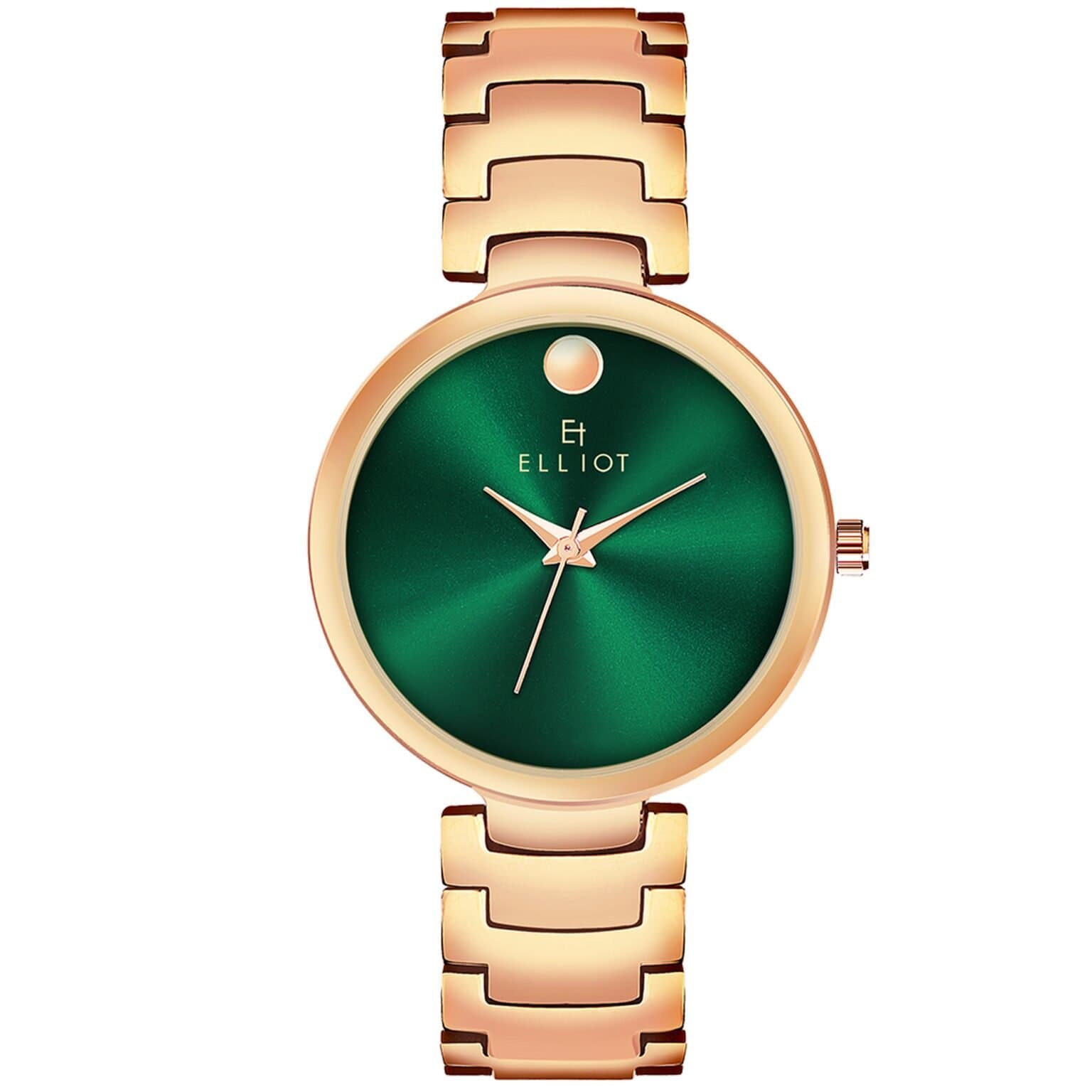 Elliot Premium Women’s Wrist Watch Green Round Dial Rose Gold Bracelet Strap – Office & Occasion Ready – Metal Build – Free Size