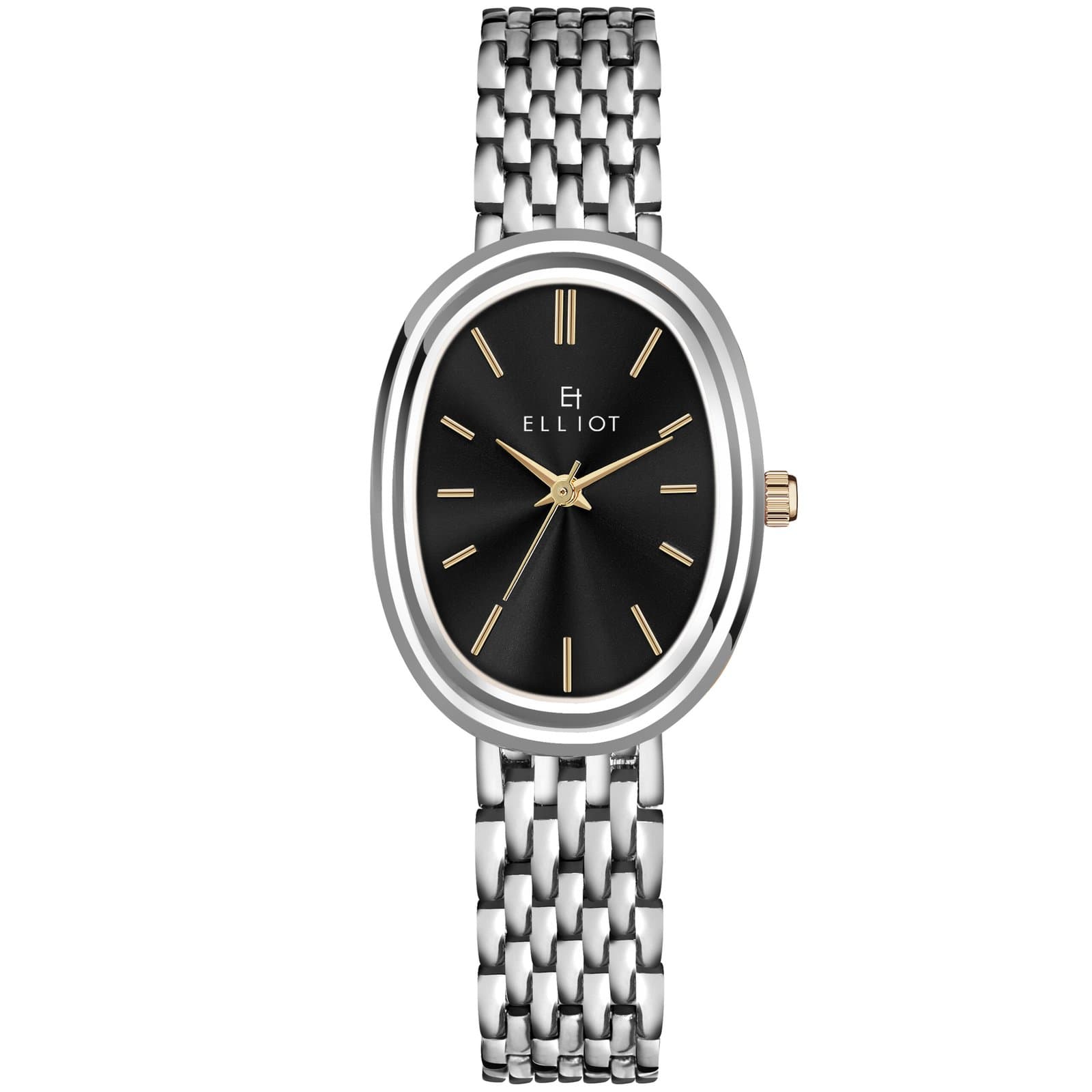Elliot Women’s Stylish Analog Watch – Black Oval Face with Sleek Silver Bracelet Strap – Quartz Movement – Lightweight Design