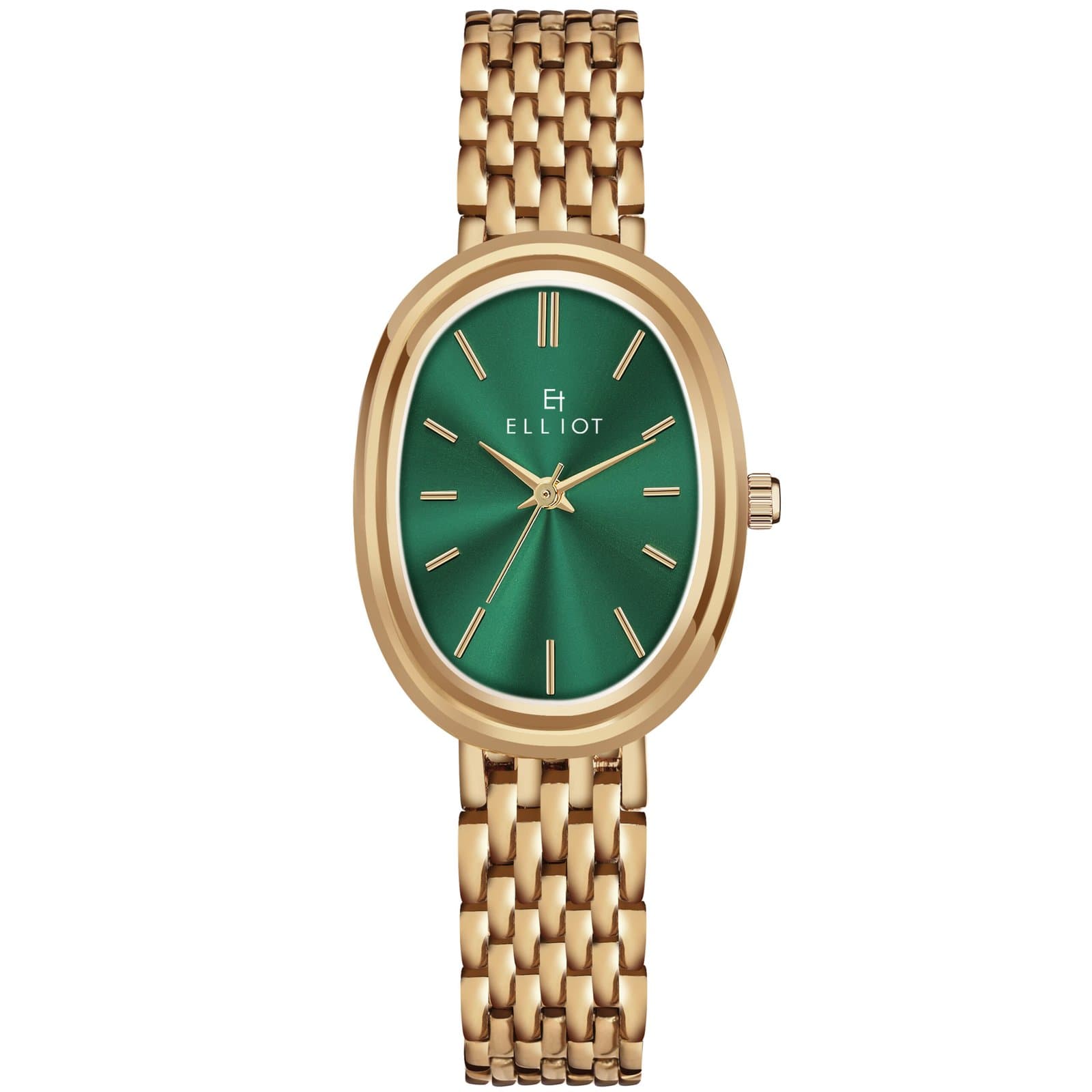 Elliot Women’s Watch with Green Oval Dial & Gold Strap – Elegant Analog Quartz Timepiece