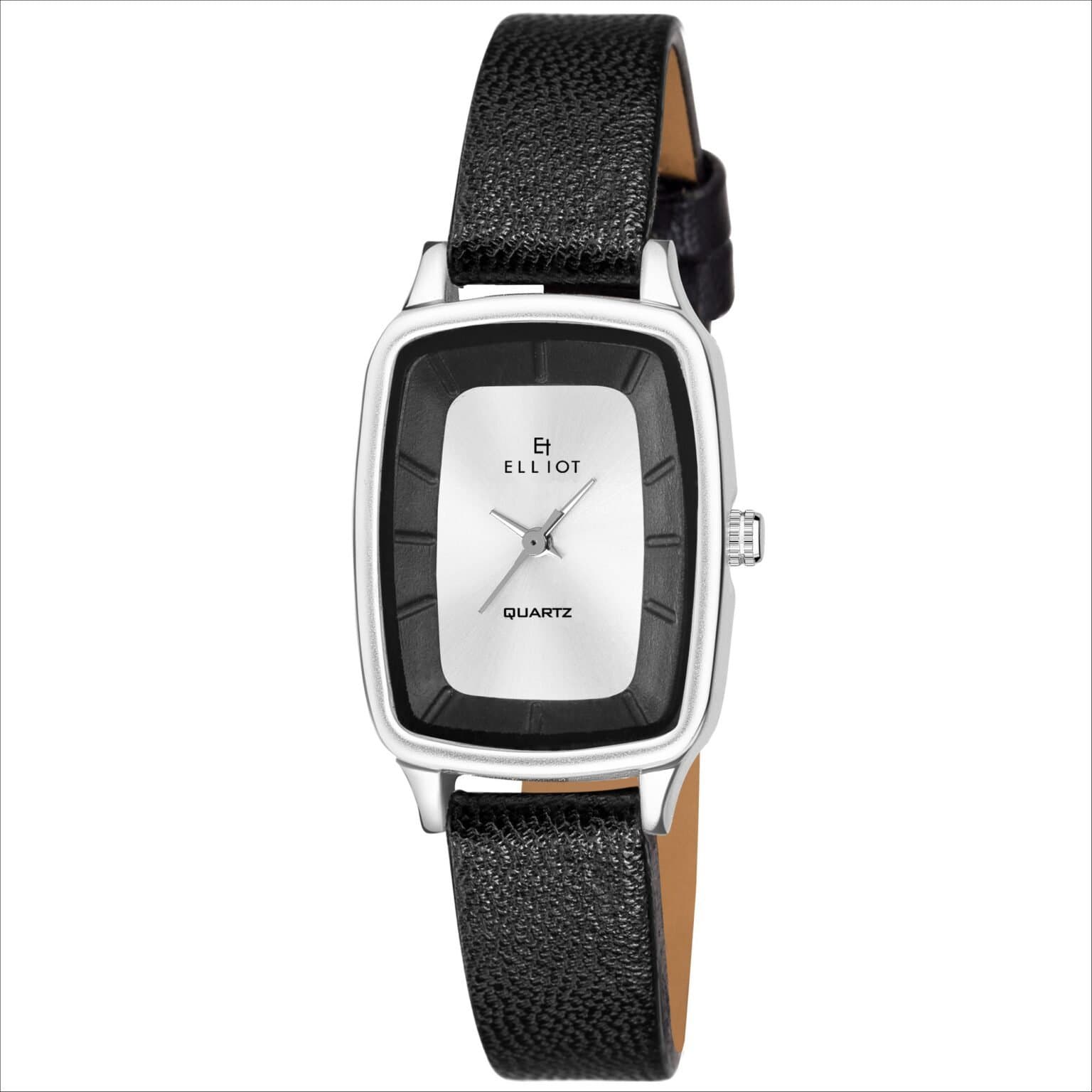 Elliot Summer II Series  Women’s Fashion Watch | Elegant Silver Rectangular Dial + Textured Black Faux Leather Strap + Everyday Wear + Precise Quartz | Slim Fit