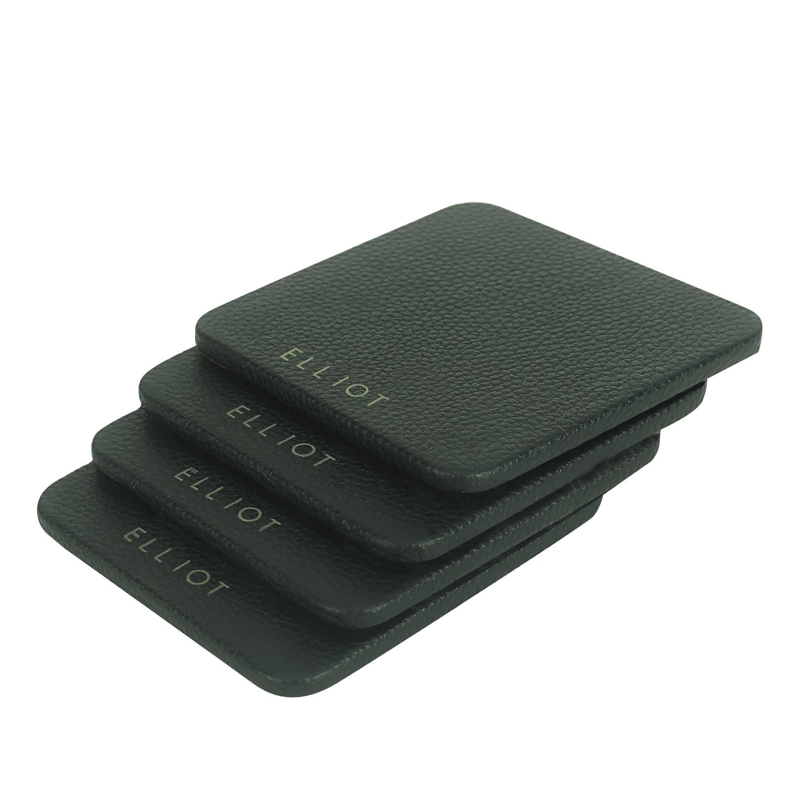 Elliot Green Faux Leather & Wooden Base Designer Tea Coaster Set of 4| 10×10 cm | for Tea/Coffee Cups, Mugs, Beer Cans, Bar Glasses | Office & Dining Table Decor | Premium Drink Coasters |Heat Resistant