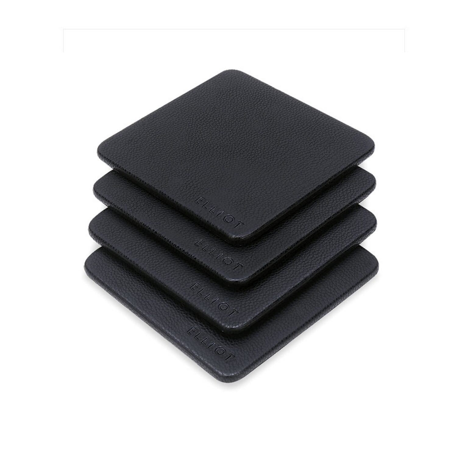Elliot Black Faux Leather & Wooden Base Designer Tea Coaster Set of 4| 10×10 cm | for Tea/Coffee Cups, Mugs, Beer Cans, Bar Glasses | Office & Dining Table Decor | Premium Drink Coasters |Heat Resistant
