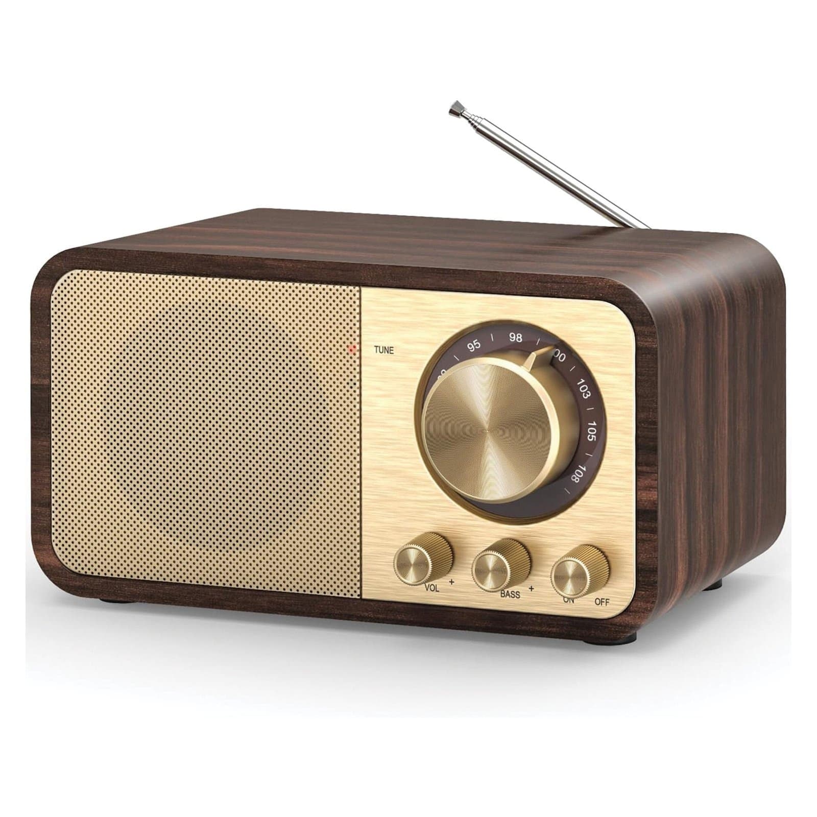 Elliot Trans Series Wooden Retro Portable Bluetooth Speaker with FM Radio, Bass & Volume Control, USB/TF/AUX Support, Rechargeable Battery, 5W Output, Compact Tabletop Size – Brown Golden