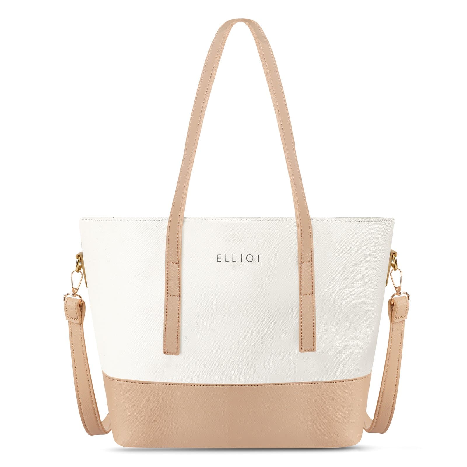 Elliot Colors Series Vegan Leather Purse for Women, Elegant Tote Bag with Long Handles, 1 Large Compartment, Crossbody Strap, Daily Use Bag in White and Beige