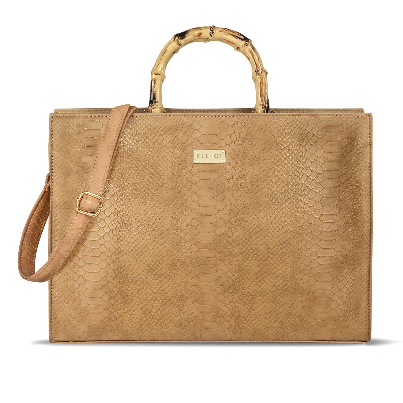Elliot Croco II Series Handbag for Women | Faux Leather Textured Tote with Bamboo Handle | Zipper Closure, Multiple Pockets, Detachable Strap | Office & Daily Use | Camel Brown