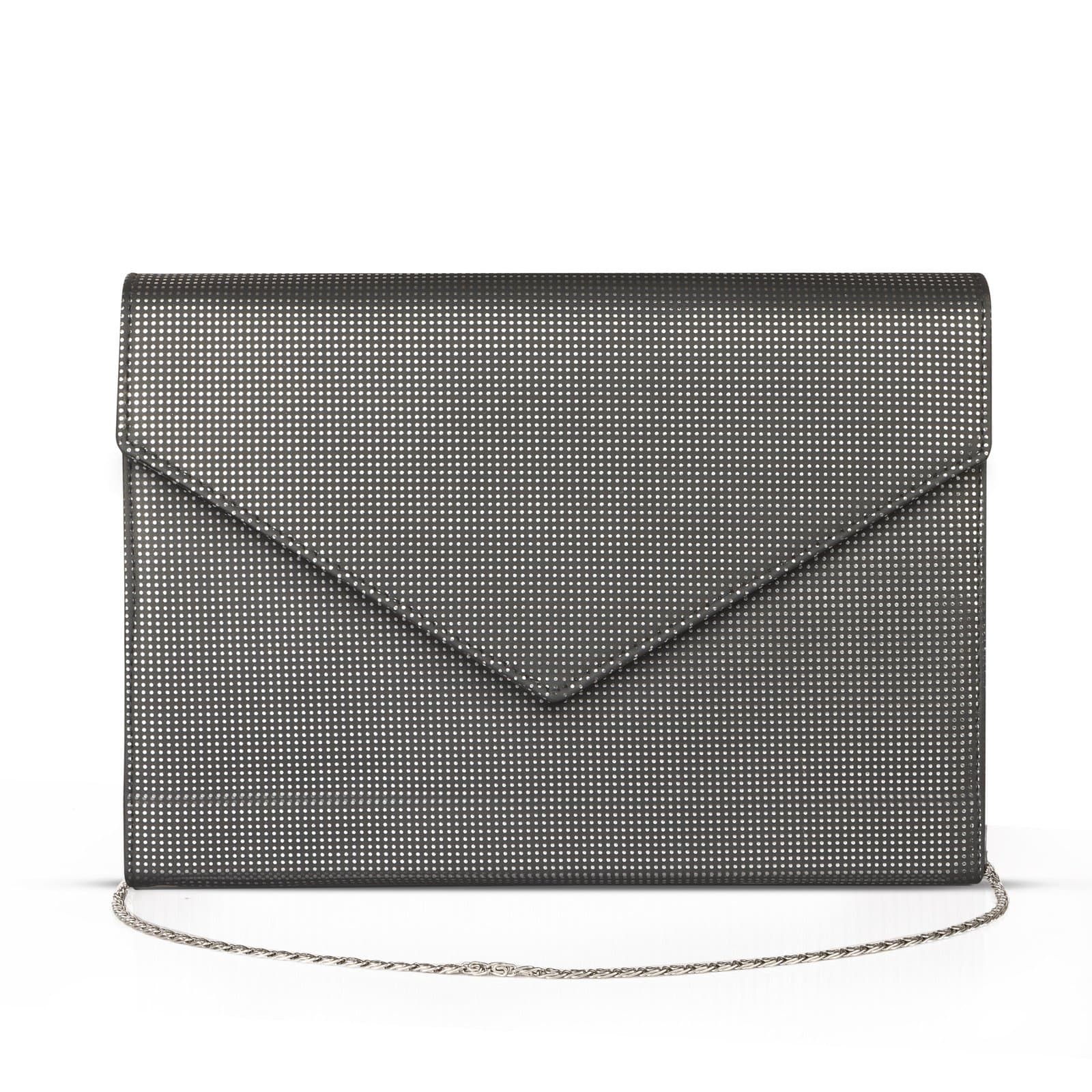 Elliot Feb Series Vegan Leather Clutch for Women | Flap Magnetic Closure, Silver Chain Strap, Zipper Pocket | Evening, Party, Wedding Purse | Black Metallic Finish