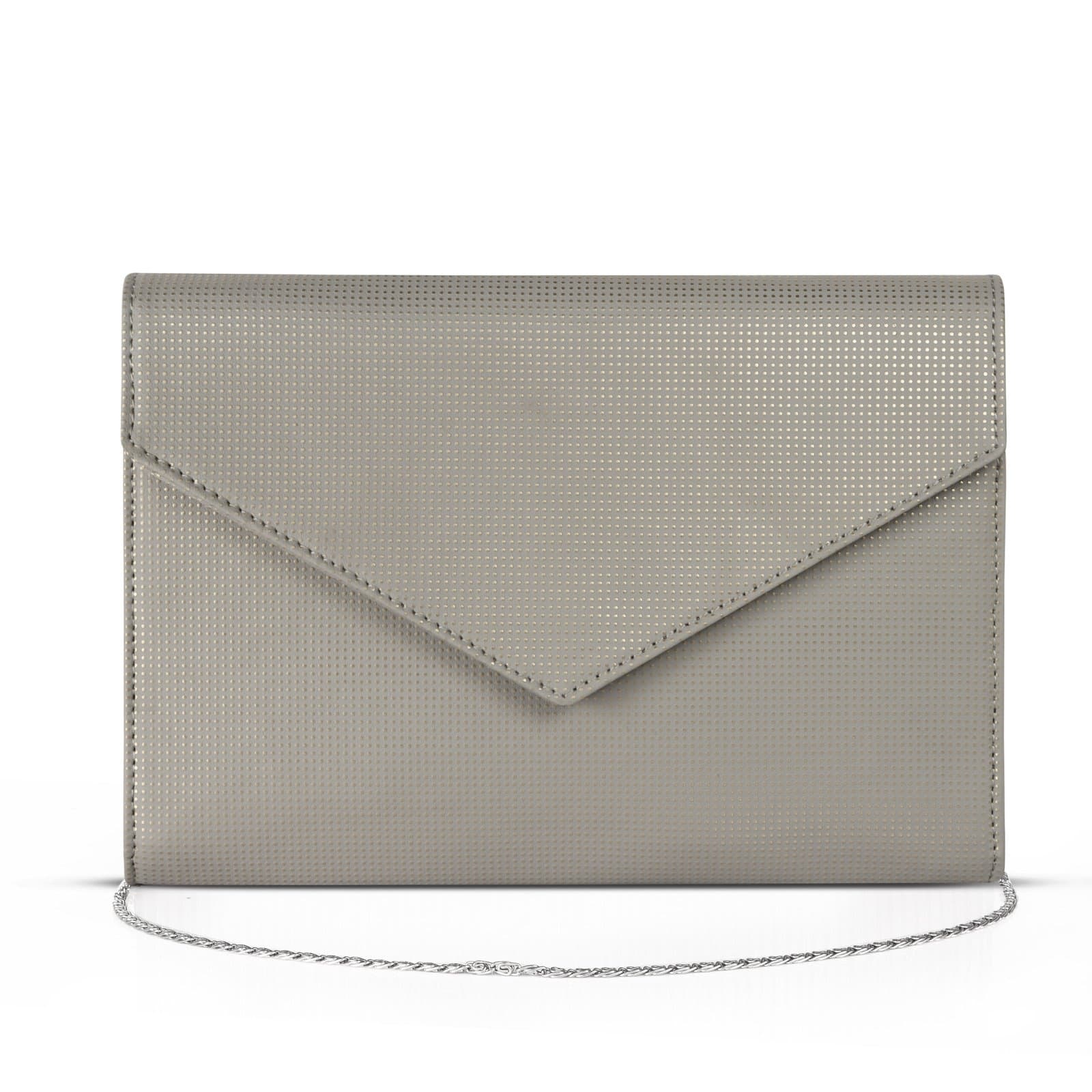 Elliot Feb Series Vegan Leather Clutch for Women | Flap Magnetic Closure, Silver Chain Strap, Zipper Pocket | Evening, Party, Wedding Purse | Champagne Grey