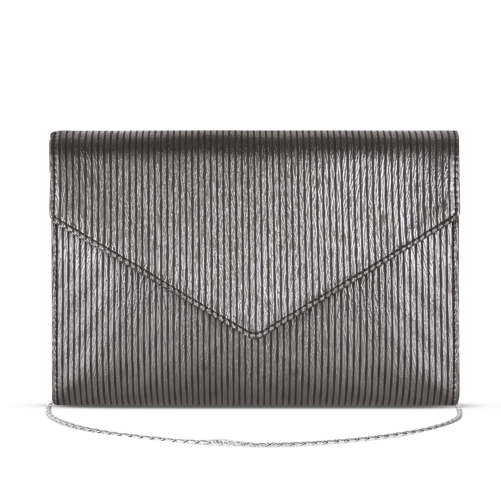 Elliot Feb III Series Vegan Leather Clutch for Women | Flap Magnetic Closure, Silver Chain Strap, Zipper Pocket | Evening, Party, Wedding Purse | Charcoal Metallic