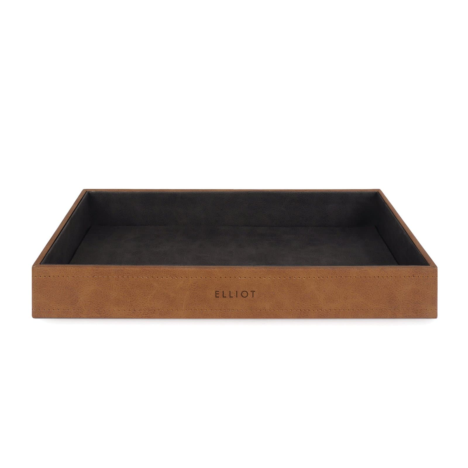 Elliot Faux Leather Tray Organizer with Wooden Base – Rectangular Desk Storage Box for Keys, Watches, Mobile Phones, Jewellery, Coins, Office Supplies & Cosmetics
