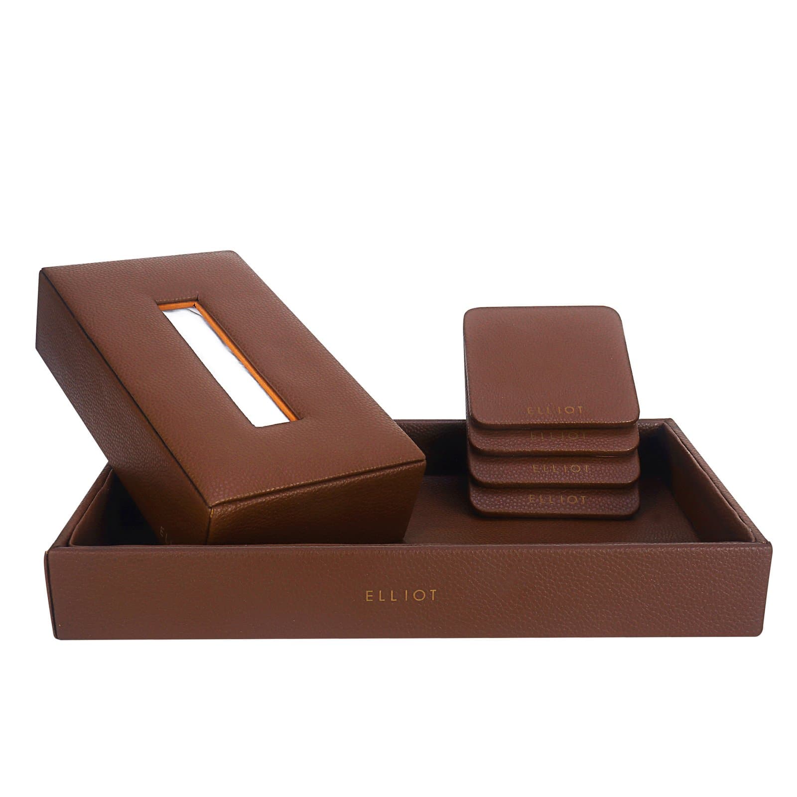Elliot Premium Combo – Faux Leather Tray Organizer, Wooden Tissue Box & Coaster Set | Desk Organizer for Office/Home | Multipurpose Storage & Dining Table Accessories (Set of 3)