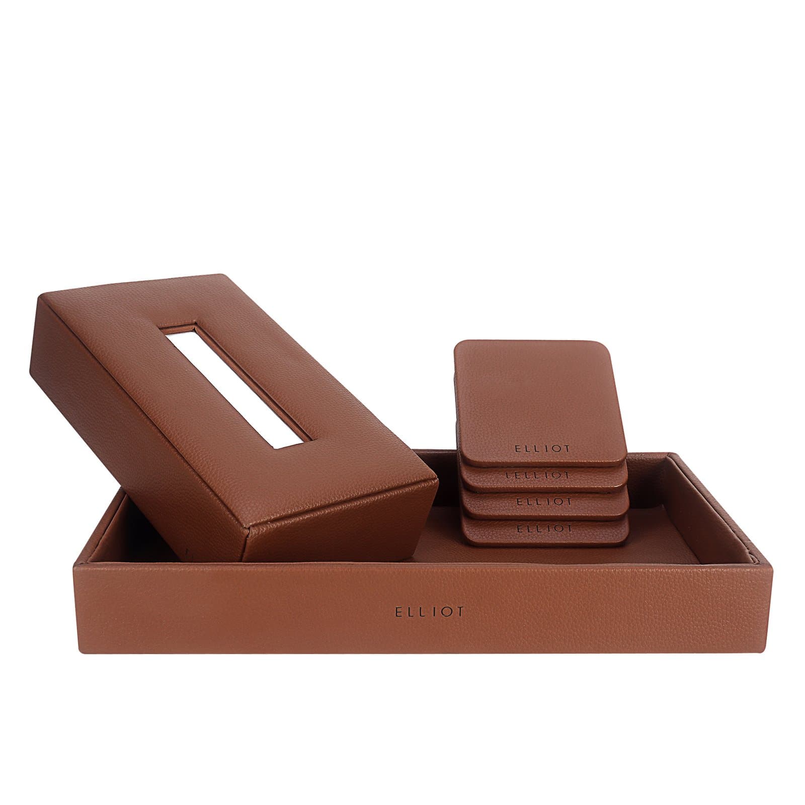 Elliot Premium Combo – Faux Leather Tray Organizer, Wooden Tissue Box & Coaster Set | Desk Organizer for Office/Home | Multipurpose Storage & Dining Table Accessories (Set of 3)