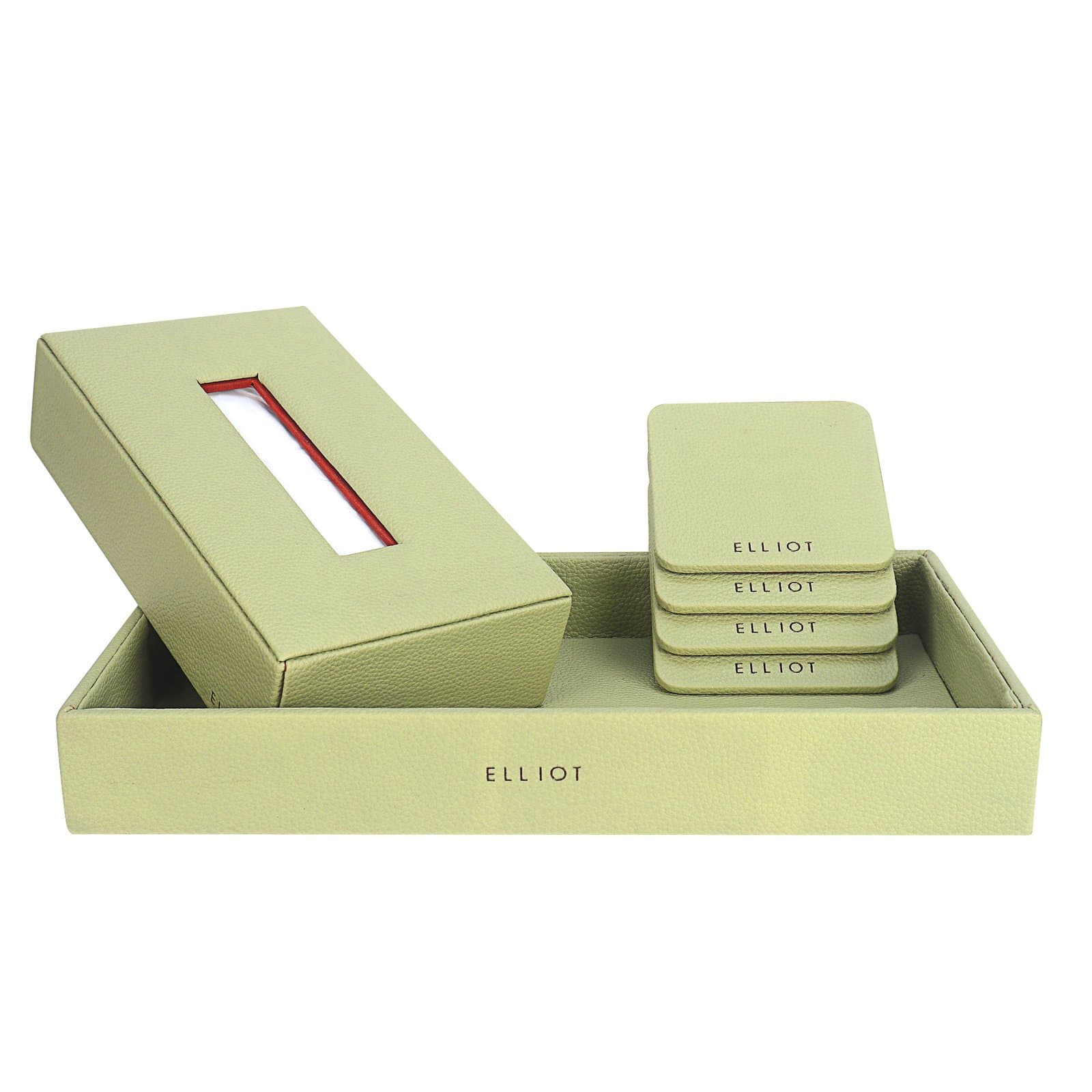 Elliot Premium Combo – Faux Leather Tray Organizer, Wooden Tissue Box & Coaster Set | Desk Organizer for Office/Home | Multipurpose Storage & Dining Table Accessories (Set of 3)