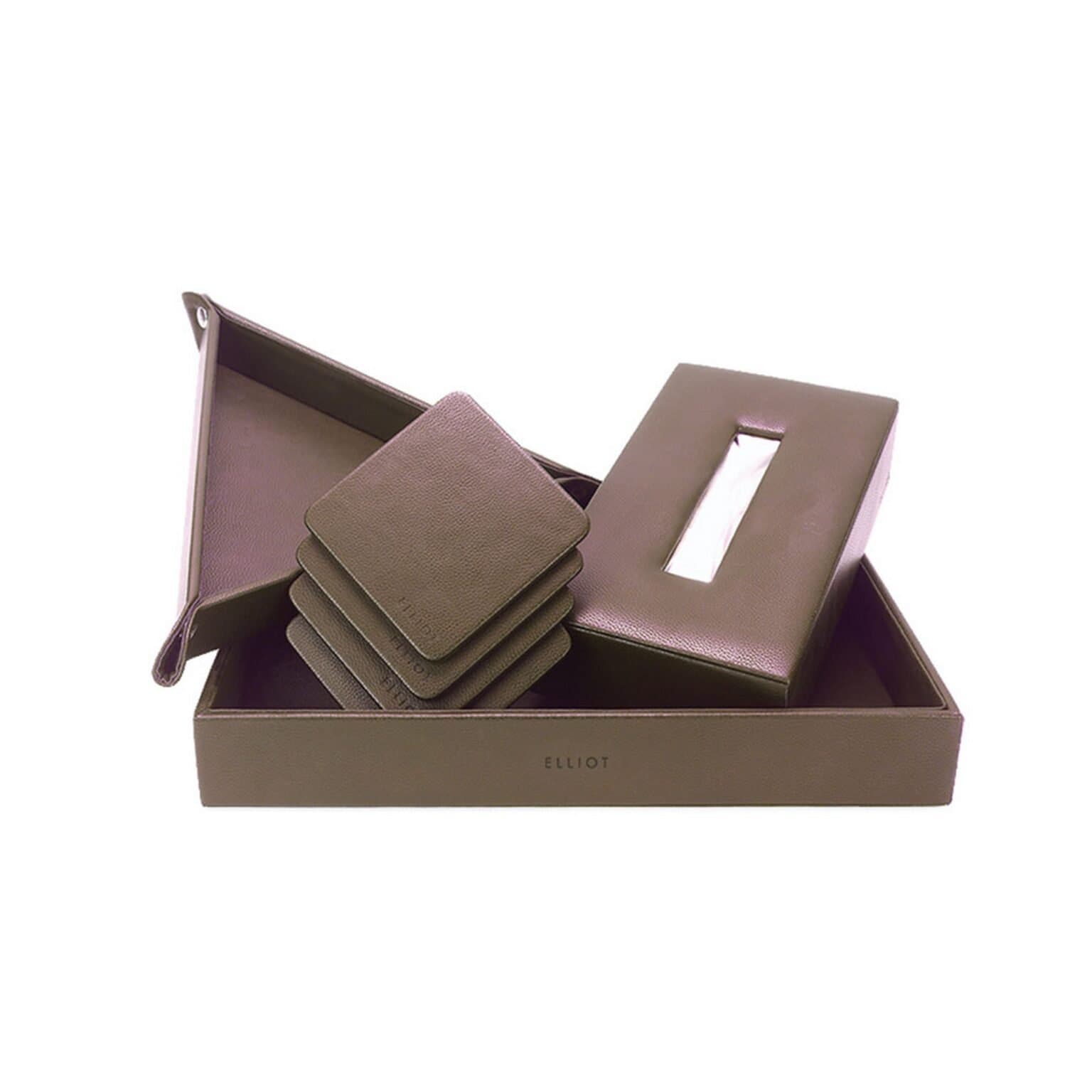 Elliot Premium Combo – Faux Leather Tray Organizer, Wooden Tissue Box & Coaster Set | Desk Organizer for Office/Home | Multipurpose Storage & Dining Table Accessories (Set of 4)