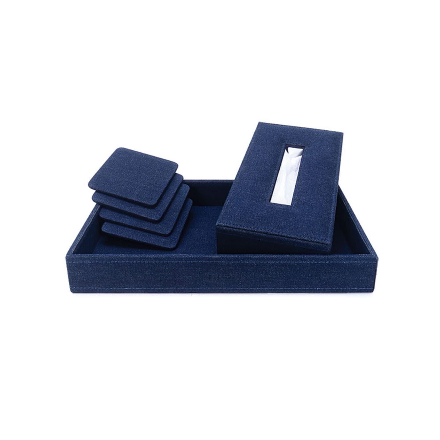 Elliot Premium Denim Fabric Combo – Tray Organizer, Wooden Tissue Box & Coaster Set | Multipurpose Desk Organizer & Table Accessories for Home, Office, Car | Set of 3