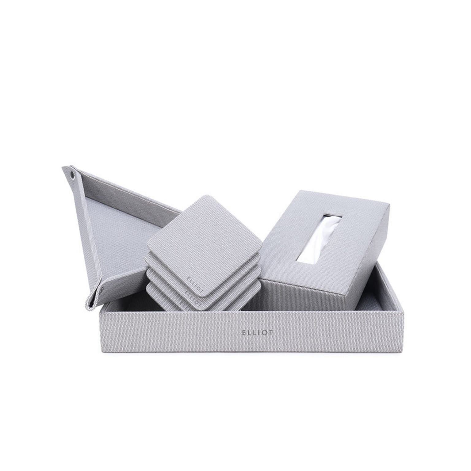 Elliot Premium Combo – Faux Leather Tray Organizer, Wooden Tissue Box & Coaster Set | Desk Organizer for Office/Home | Multipurpose Storage & Dining Table Accessories (Set of 4)