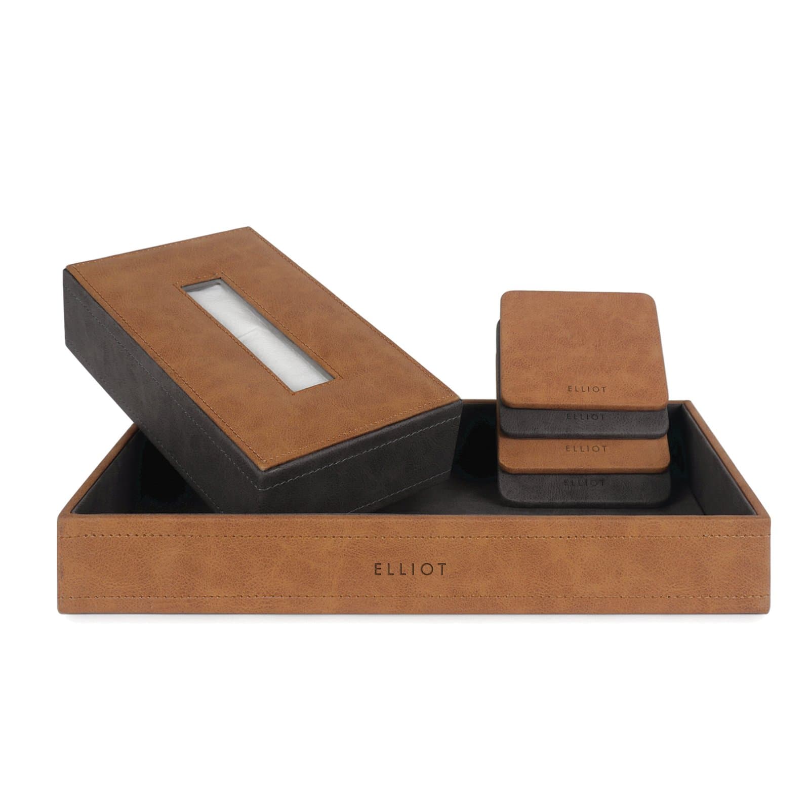 Elliot Premium Combo – Faux Leather Tray Organizer, Wooden Tissue Box & Coaster Set | Desk Organizer for Office/Home | Multipurpose Storage & Dining Table Accessories (Set of 3)