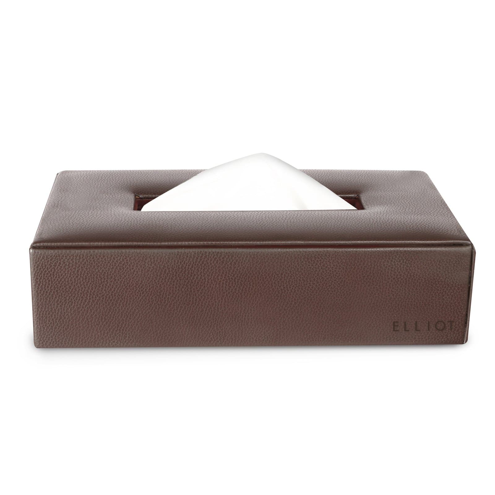Elliot Premium Vegan Leather Tissue Box Holder with Wooden Base, Rectangular Napkin Holder & Tissue Paper Dispenser for Home, Office & Car, Facial Tissue Case Organizer In Brown