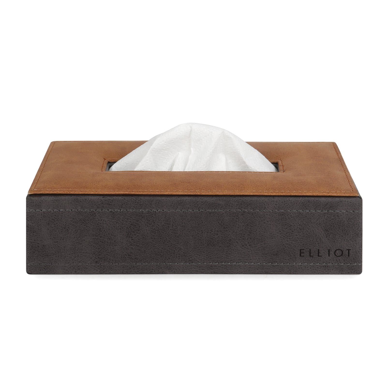 Elliot Premium Vegan Leather Tissue Box Holder with Wooden Base, Rectangular Napkin Holder & Tissue Paper Dispenser for Home, Office & Car, Facial Tissue Case Organizer In Black & Tan