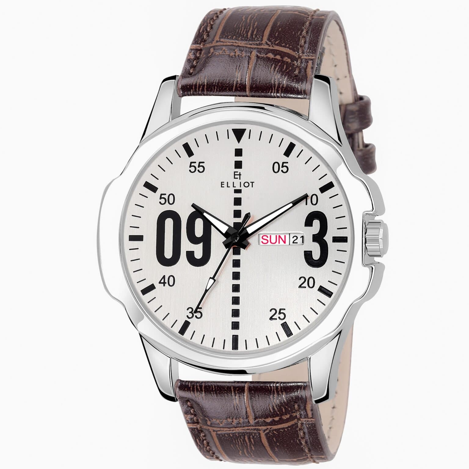 Elliot Bold Series White Dial Analog Watch for Men with Brown Patent Leather Strap | Day & Date Display | Casual Wristwatch