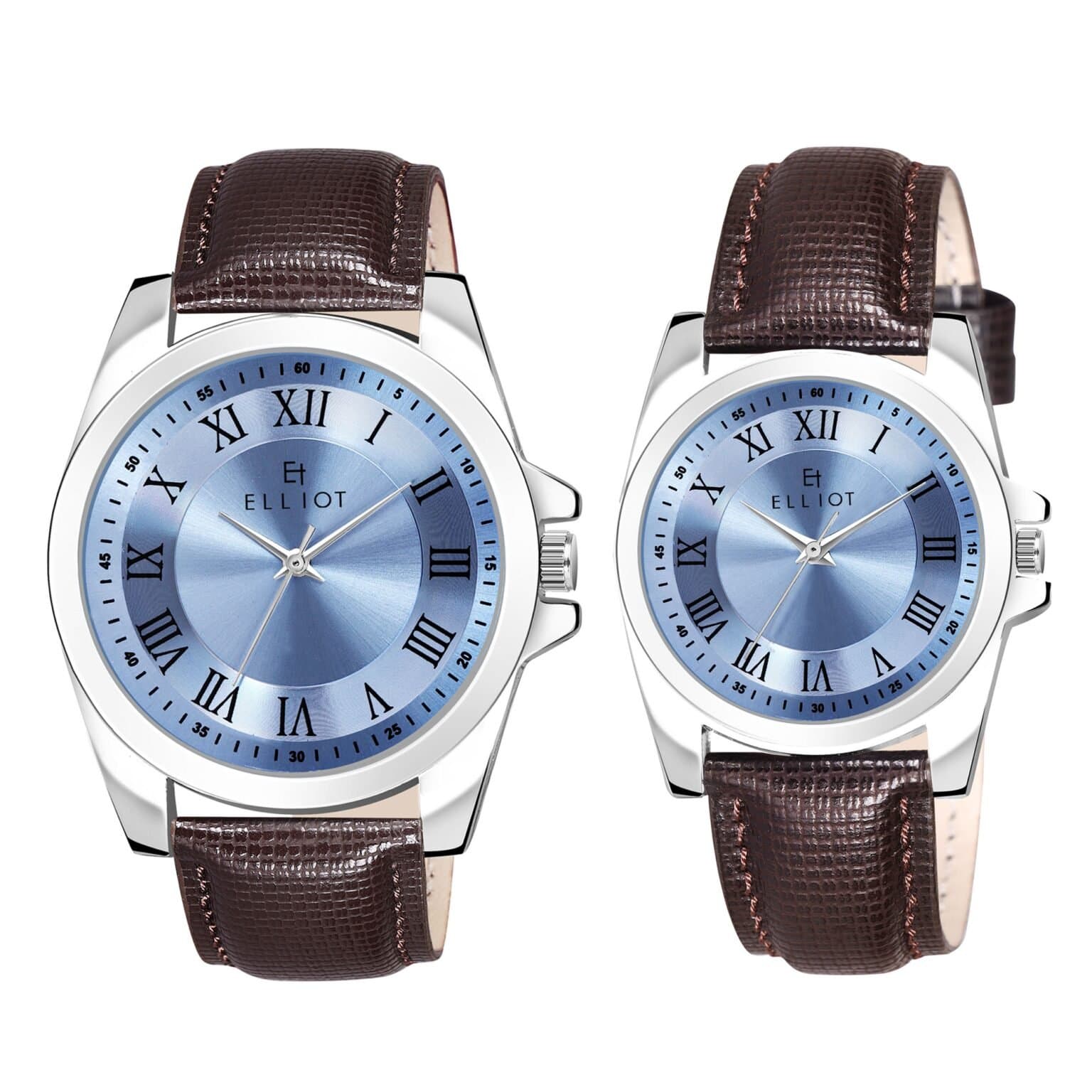 Elliot Opus V Series Blue Dial Brown Strap Patent Leather Men’s Analog Wrist Watch | Brass Dial | Japanese Quartz | Silver Alloy Case | 50mm Size